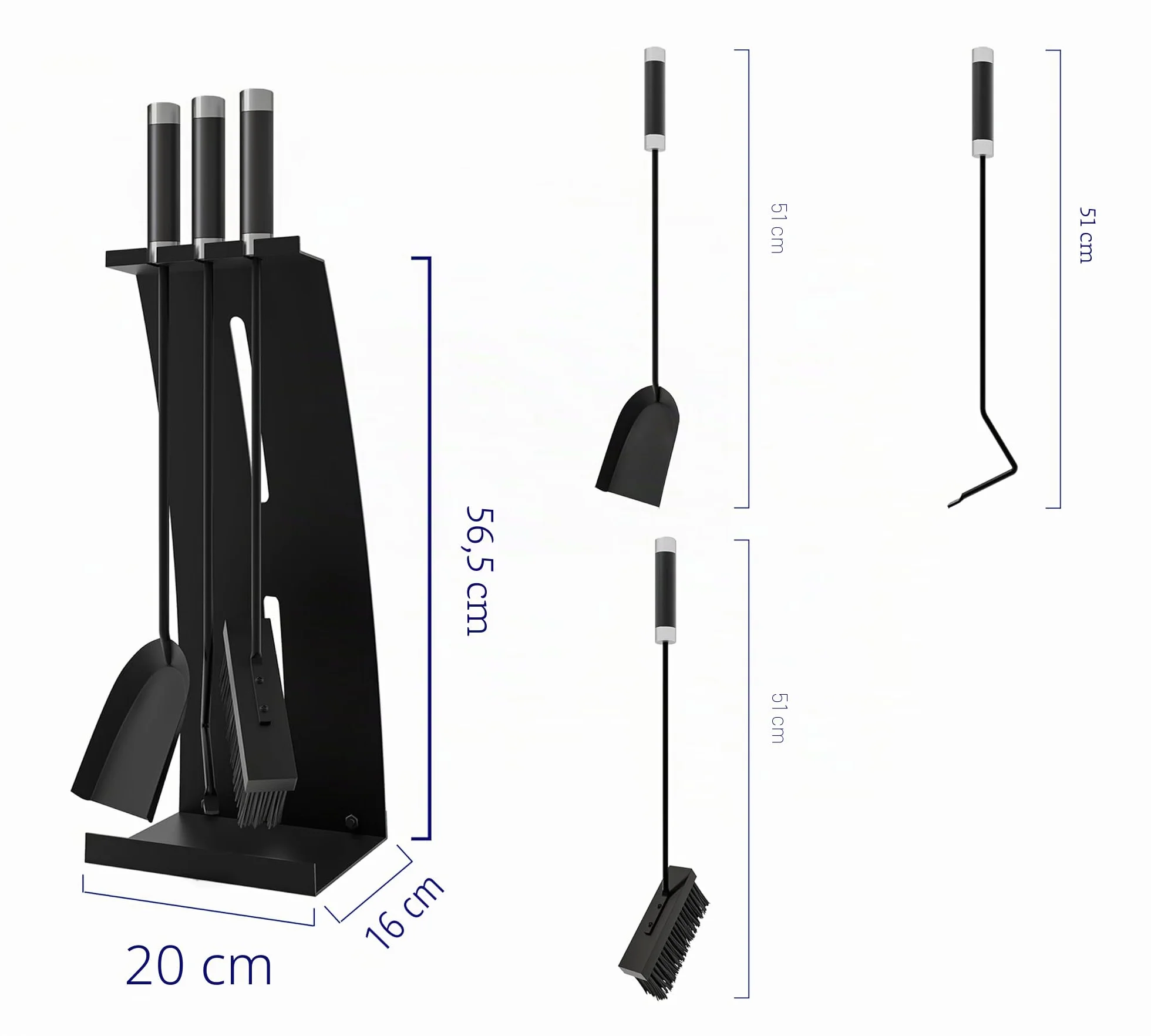 Kingson Juego de herramientas para chimenea de 4 piezas con asas compuestas, juego de accesorios para chimenea con recubrimiento en polvo negro, 54,5 cm de altura