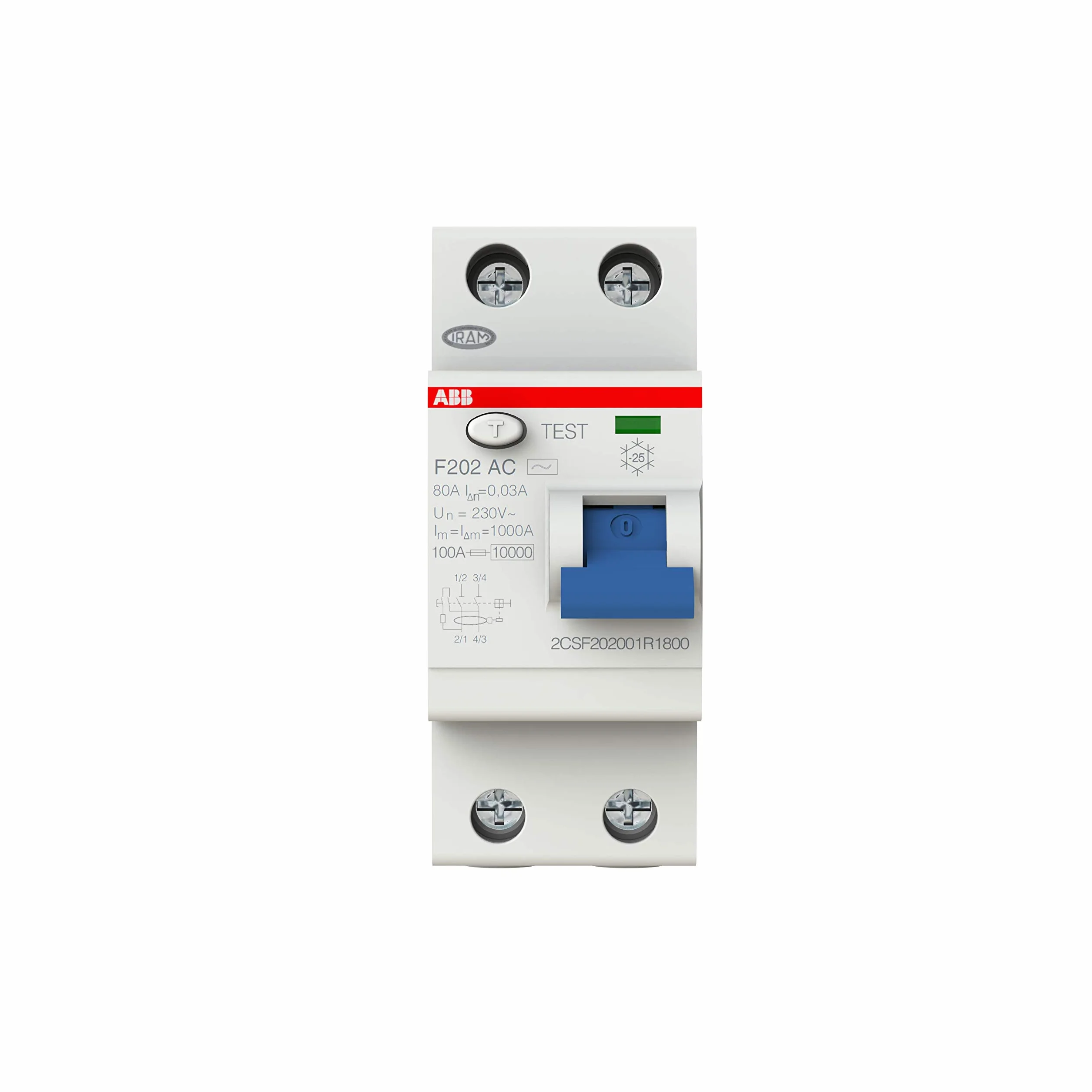 ABB 2 csf202001r1800 AC tipo de disyuntor, Corriente de 2 polos, 80 A, 30 mA residual, 85 mm H x 69 mm D x 35 mm w