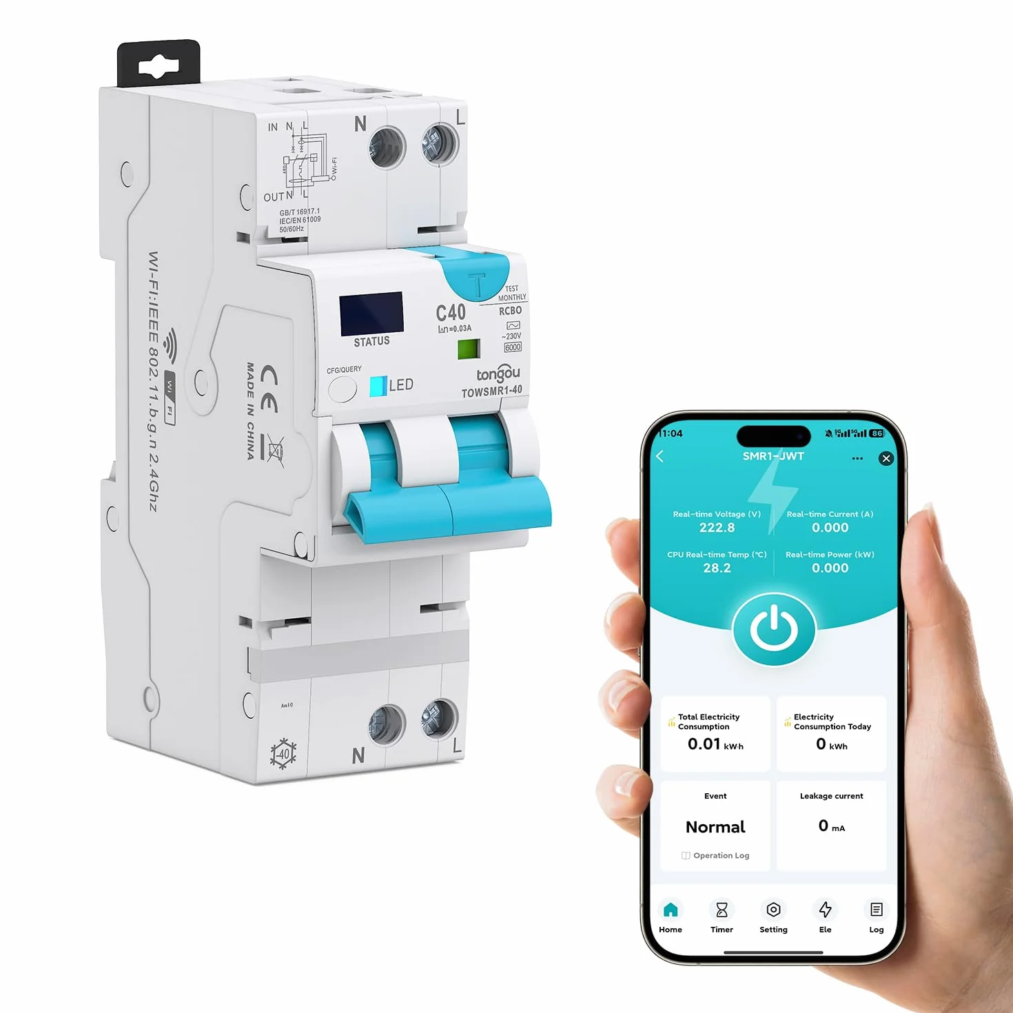 TONGOU Interruptor diferencial Superinmunizado WIFI/TUYA App， Auto Rearmable Disyuntor 1P+N，Rearme Automatico con Sobrecorriente y Fugas 1-40 A, 30-100 mA ajustable ，Clase AC 6Ka Carril Din RCBO