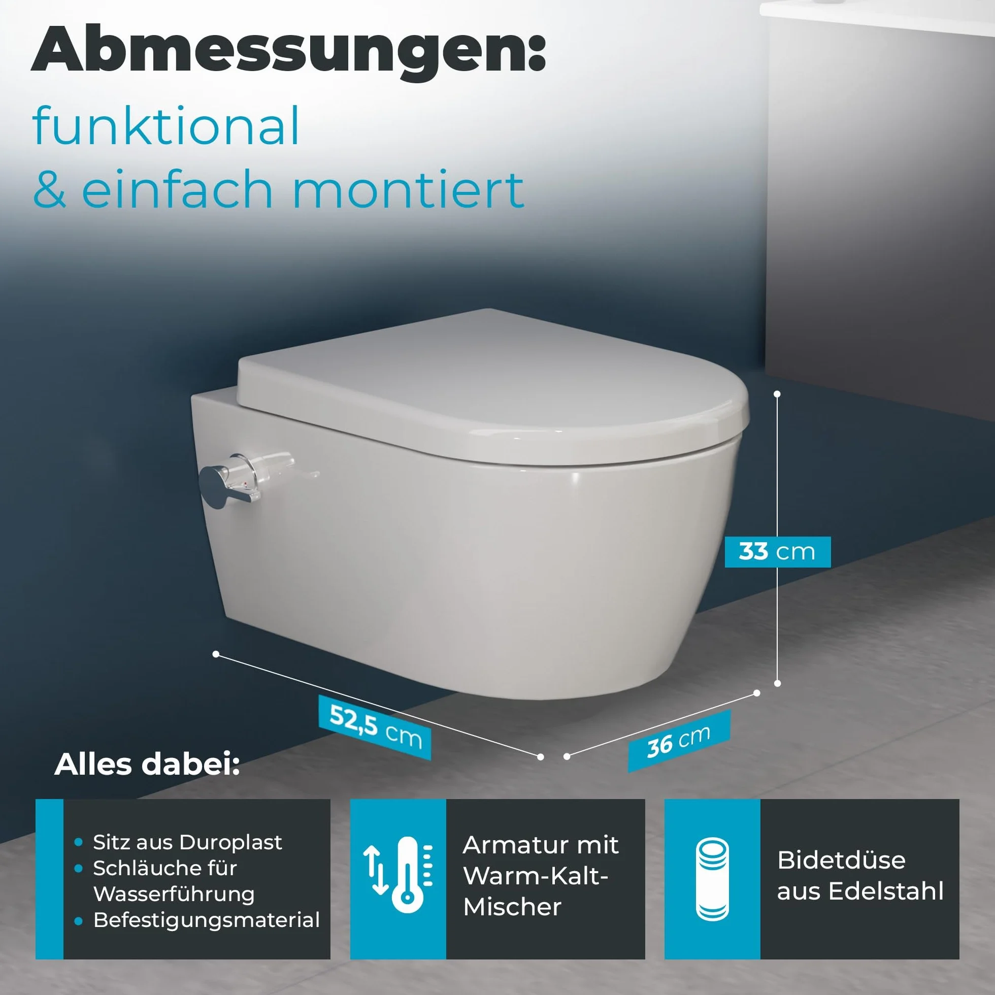 SSWW Taharet - Con Grifos y asiento extraíble Softclose | Ducha para inodoro suspendida | WC con función bidé | Higiénico | Alfa sin borde | 540 x 360 x 330 mm