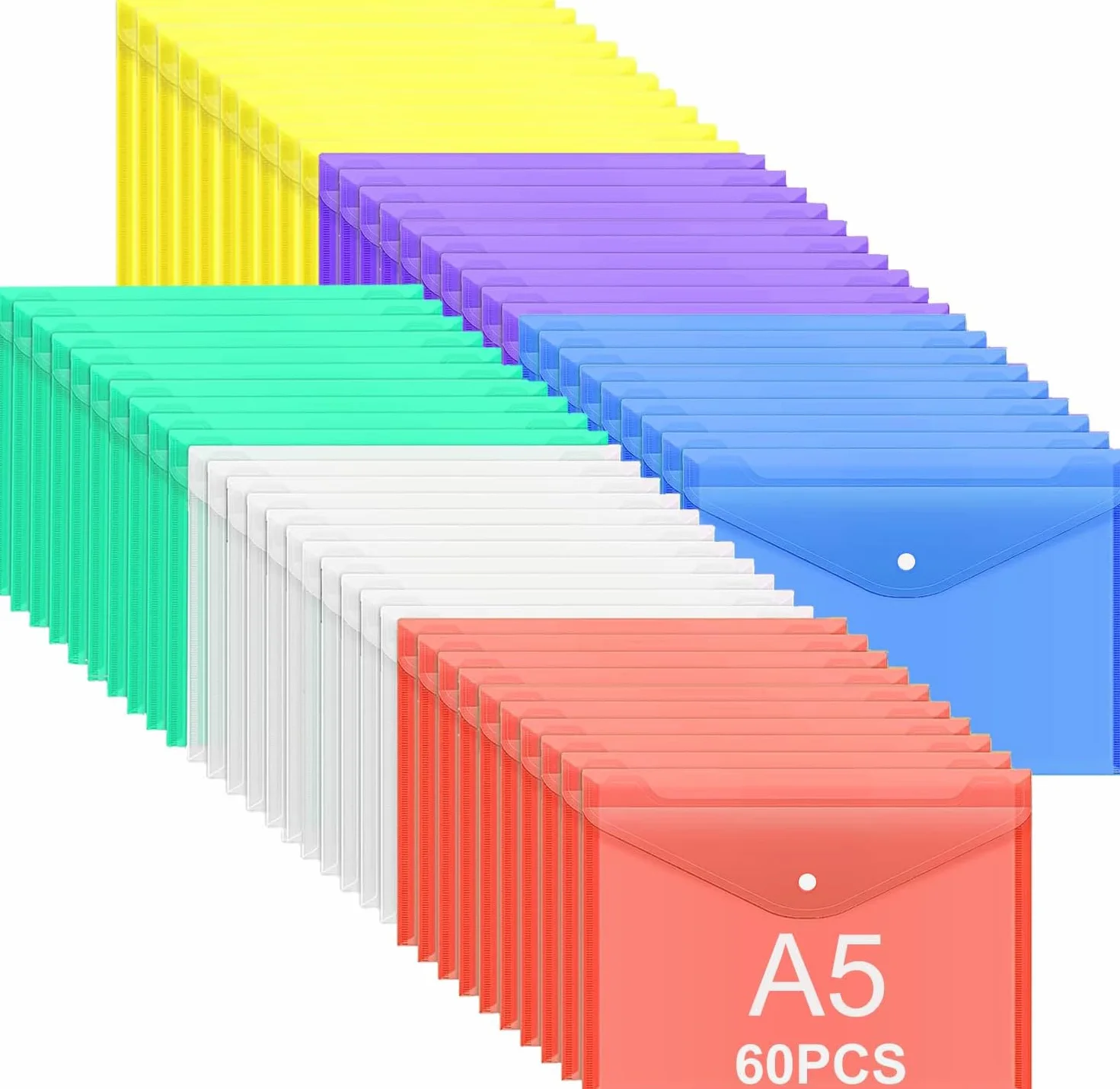 ASelected Pack de 60 Fundas A5 de Colores con Botón a Presión, Portadocumentos A5 y Carpeta Plástico Tamaño Folio para Clasificar por Color en Oficina, Escuela, Hogar y Viaje
