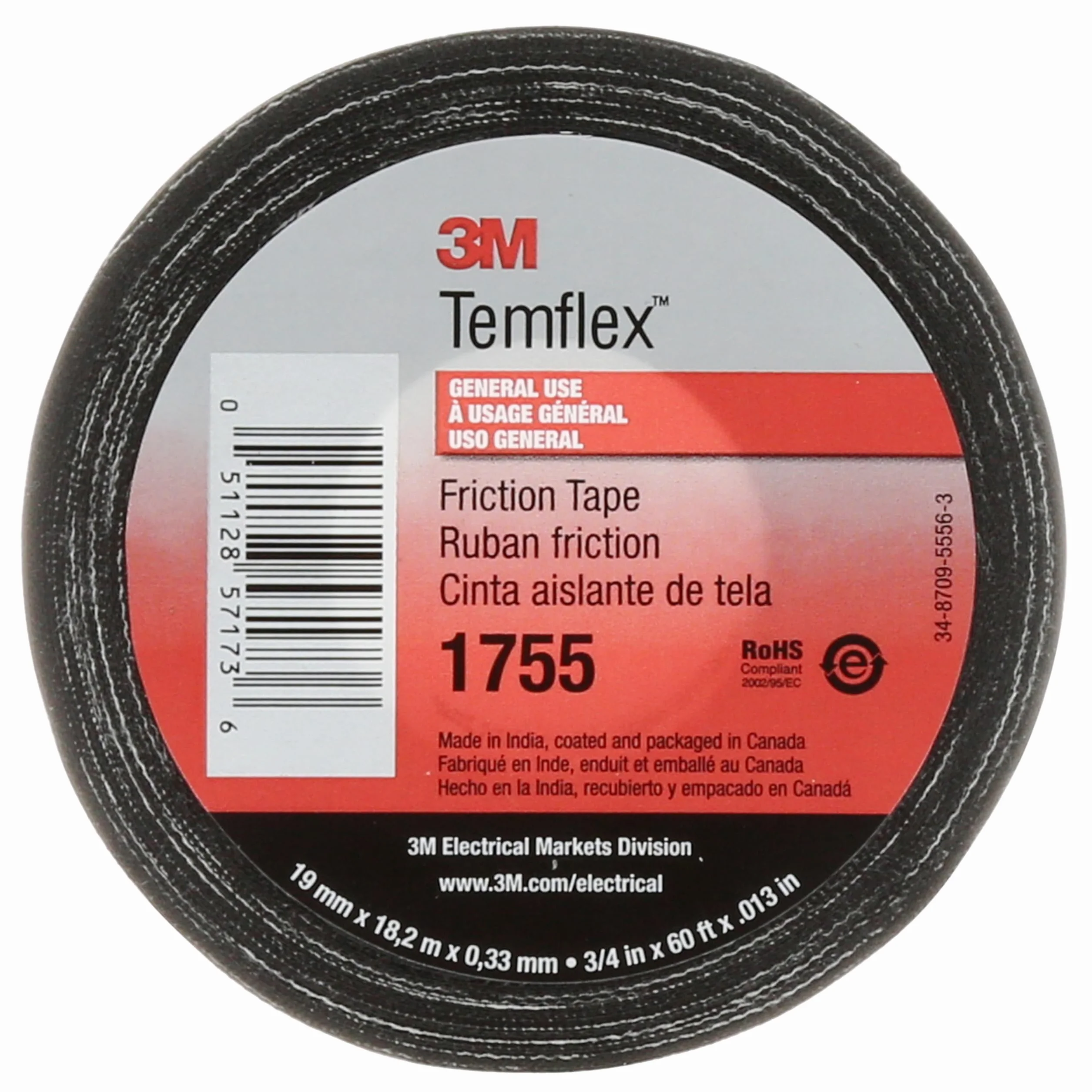 3M TEMFLEX 1755 - CINTA DE FRICCIÓN DE ALGODÓN 1755, 3/4 pulgadas x 60 pies, color negro, 20 rollos/estuche