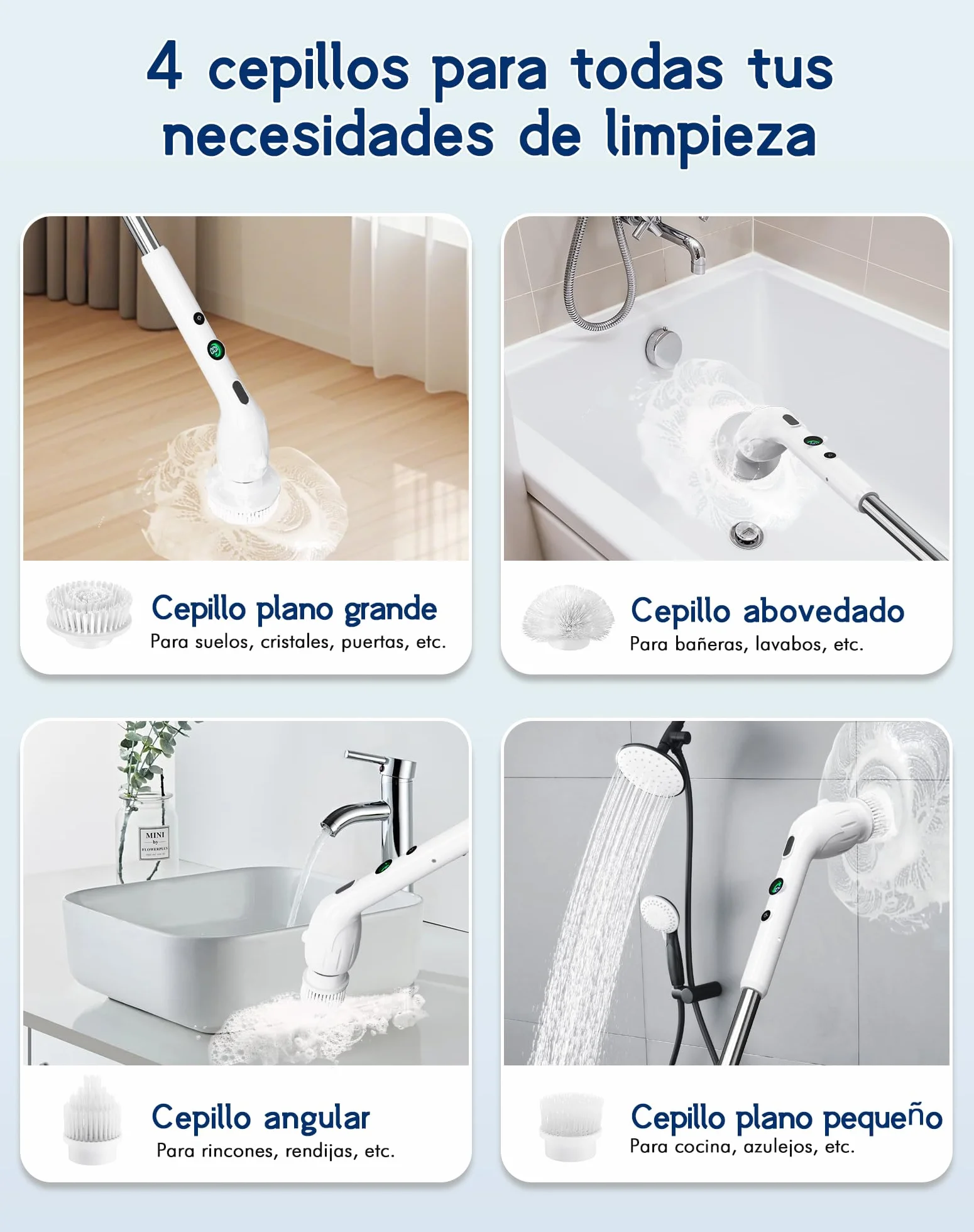 Cepillo Electrico Limpieza Hogar con 2 Velocidades, 4 Cabezales, 2500 mAh Batería, Impermeabilidad IPX7, Mango Ajustable, USB Recargable Cepillo Limpieza Eléctrico para Baño, Cocina, Suelos