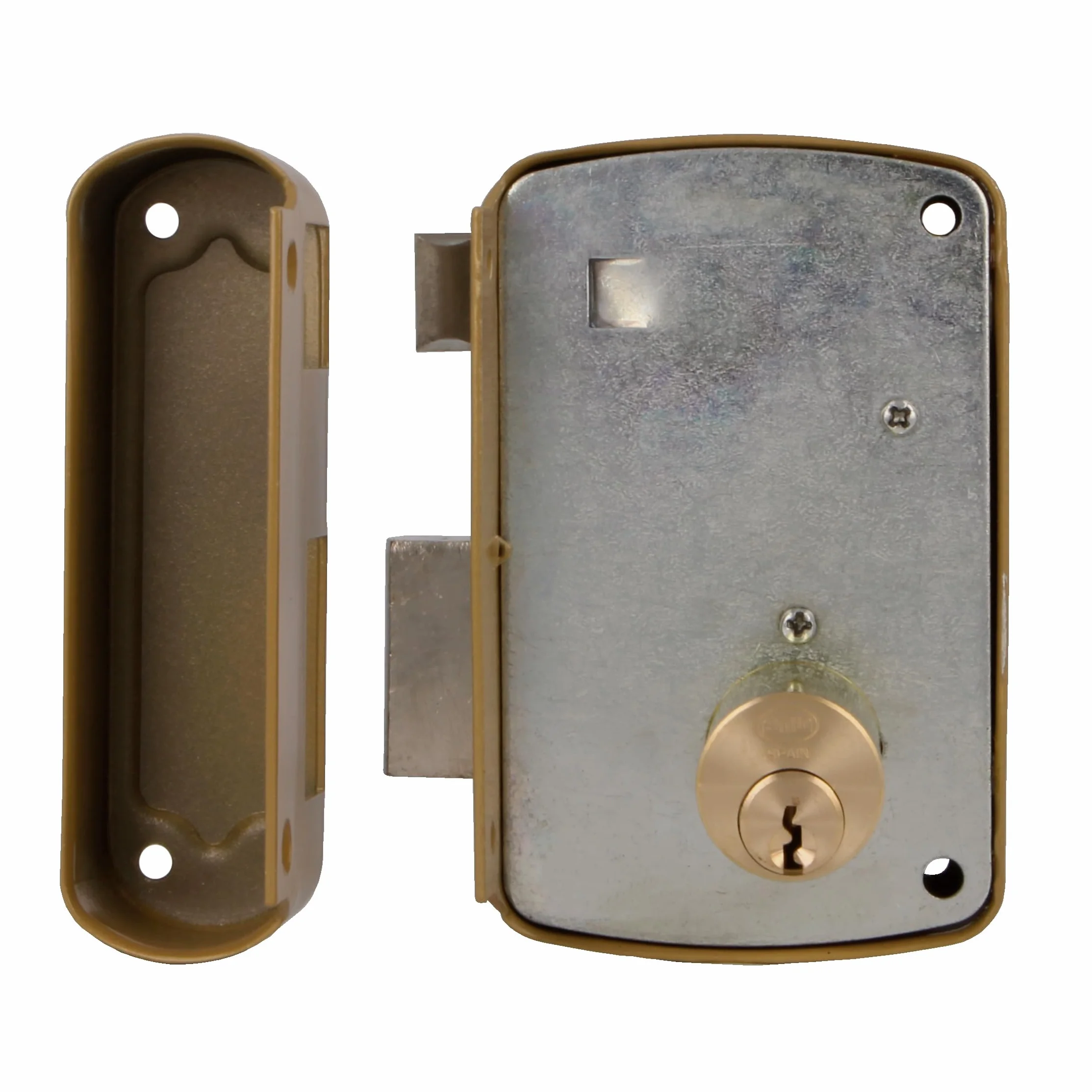 Amig - Cerradura de Sobreponer de Derecha con Palanca de Cierre, Lengüeta y Tirador para Puertas de Madera Mod. 75U - 76 x 120 mm - Cilindro Redondo de Seguridad - Acero Dorado