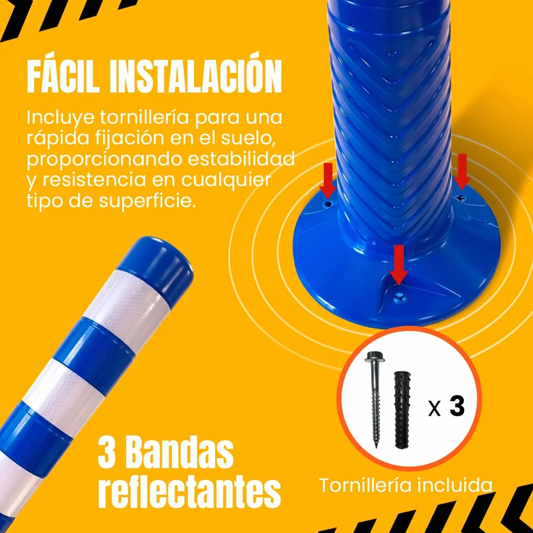 PARKING FACIL Bolardo de Señalización con Bandas Reflectantes | Hito de 75 cm | Pilona Resistente para Parking | Bolardos para Parking | Postes Separadores, Incluye Tornillería para Fijación | 1 Azul
