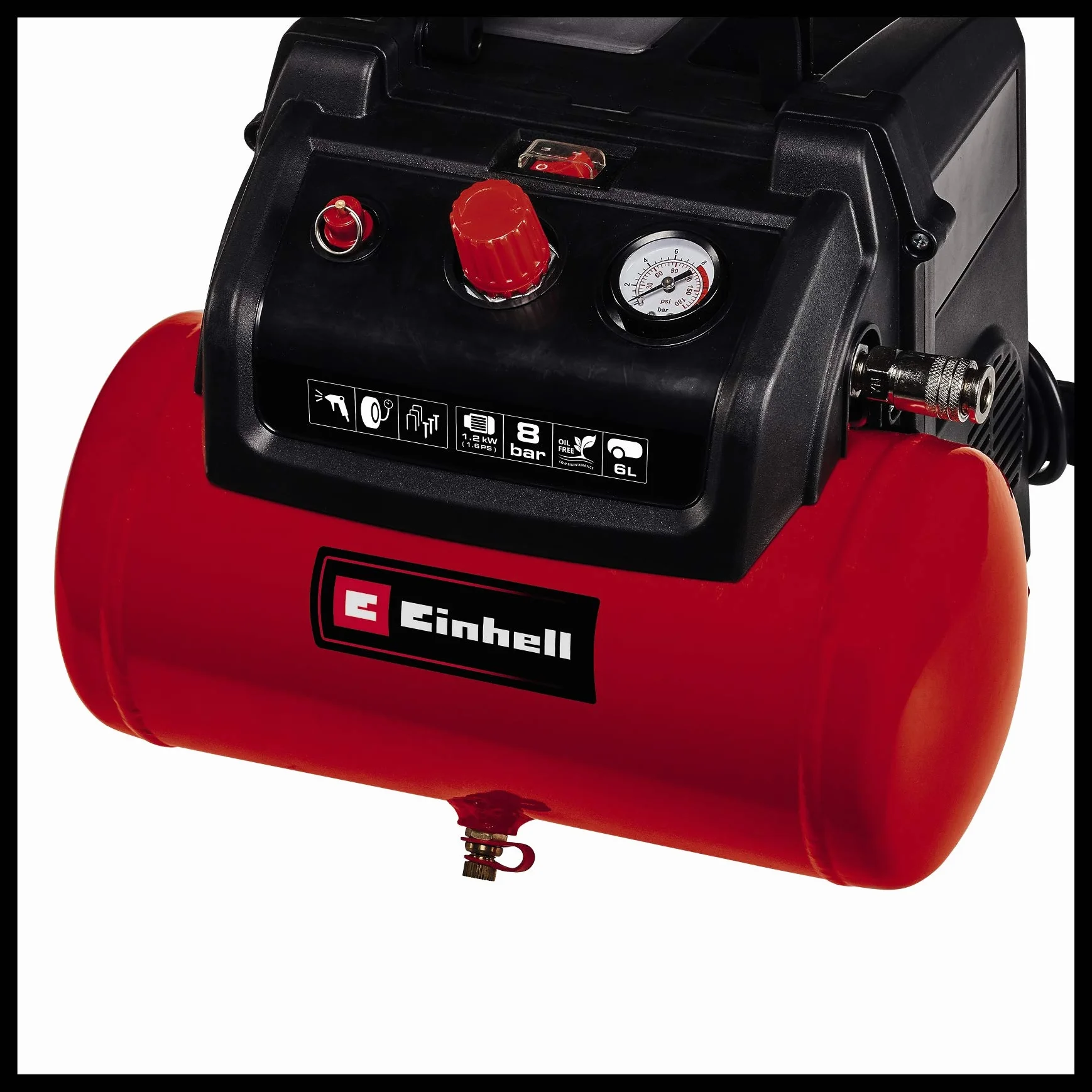 Einhell Compresor TC-AC 190/6/8 OF Set (1200 W, máx. 8 bar, depósito de 6 L, potencia de aspiración de 190 l/min, velocidad del motor 18000 min^-1, regulador de presión, manómetro, sin aceite)
