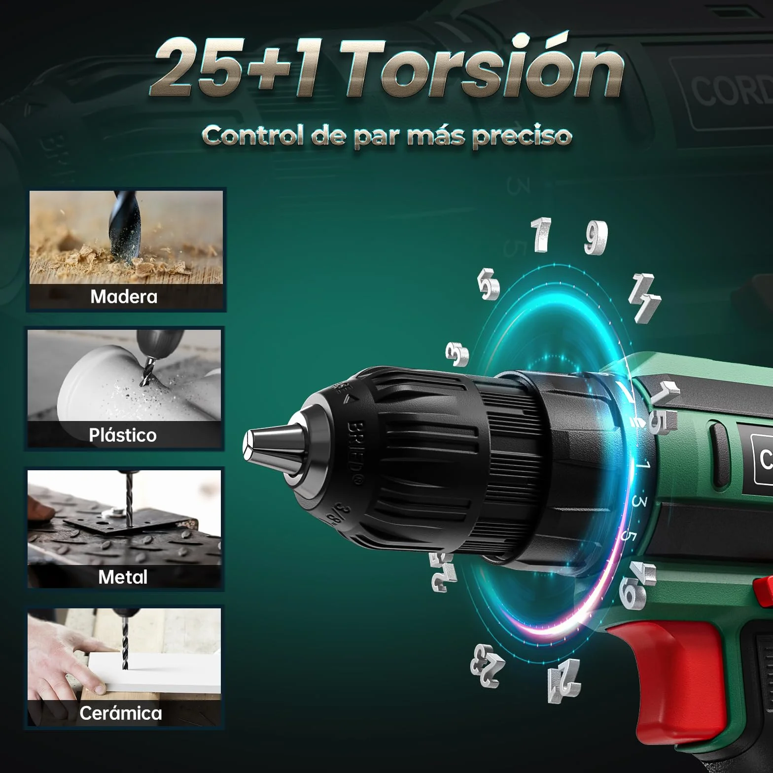 Taladro Atornillador Inalámbrico 20V 42Nm 2 Velocidades 25+1 Niveles Par Portabrocas 10mm 2000mAh