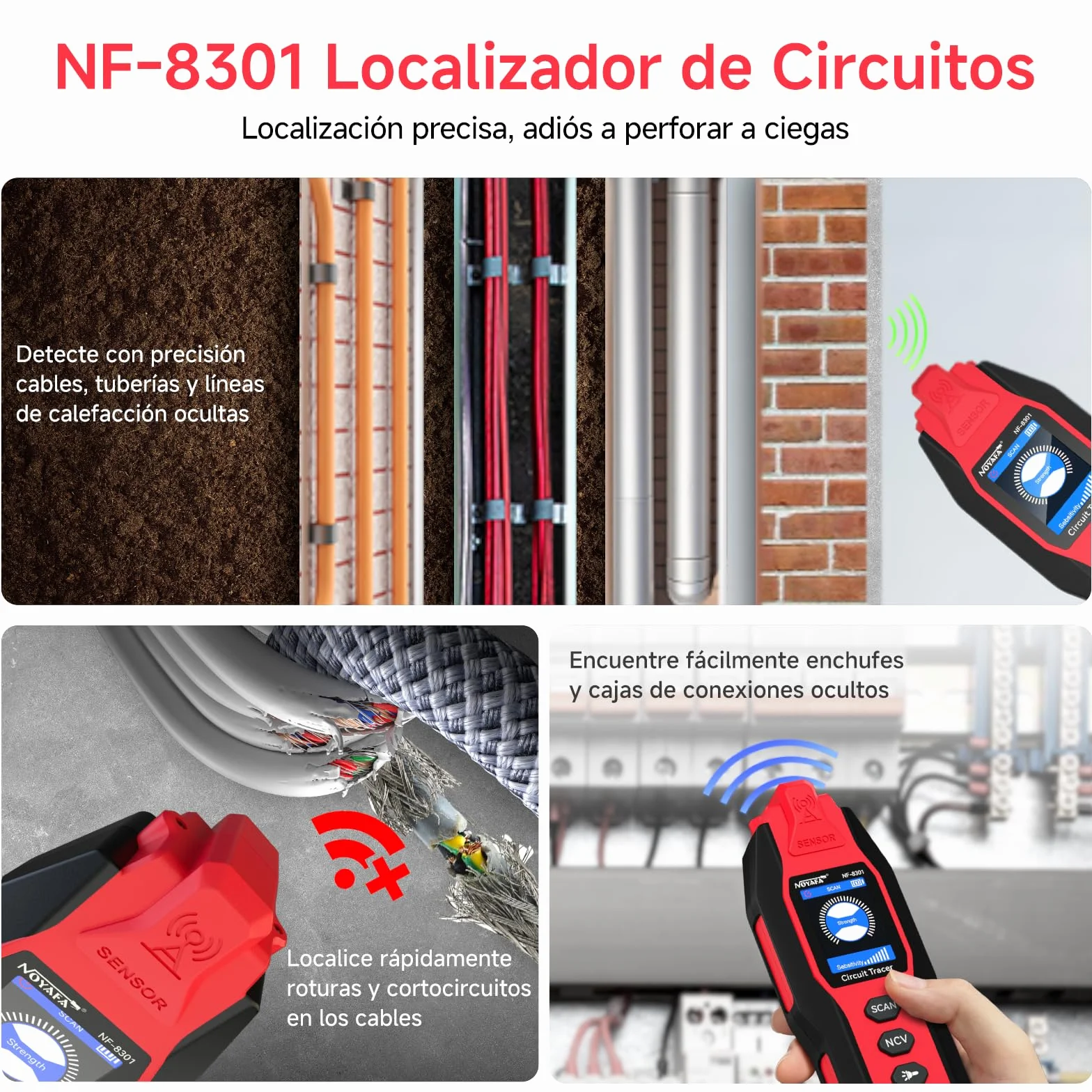 NOYAFA NF-8301 Detector de Circuitos y Buscacables, Localizador de Disyuntores con Multímetro Digital, Sensibilidad Ajustable 8 Niveles, Recargable, para Cables en Pared y Subterráneos