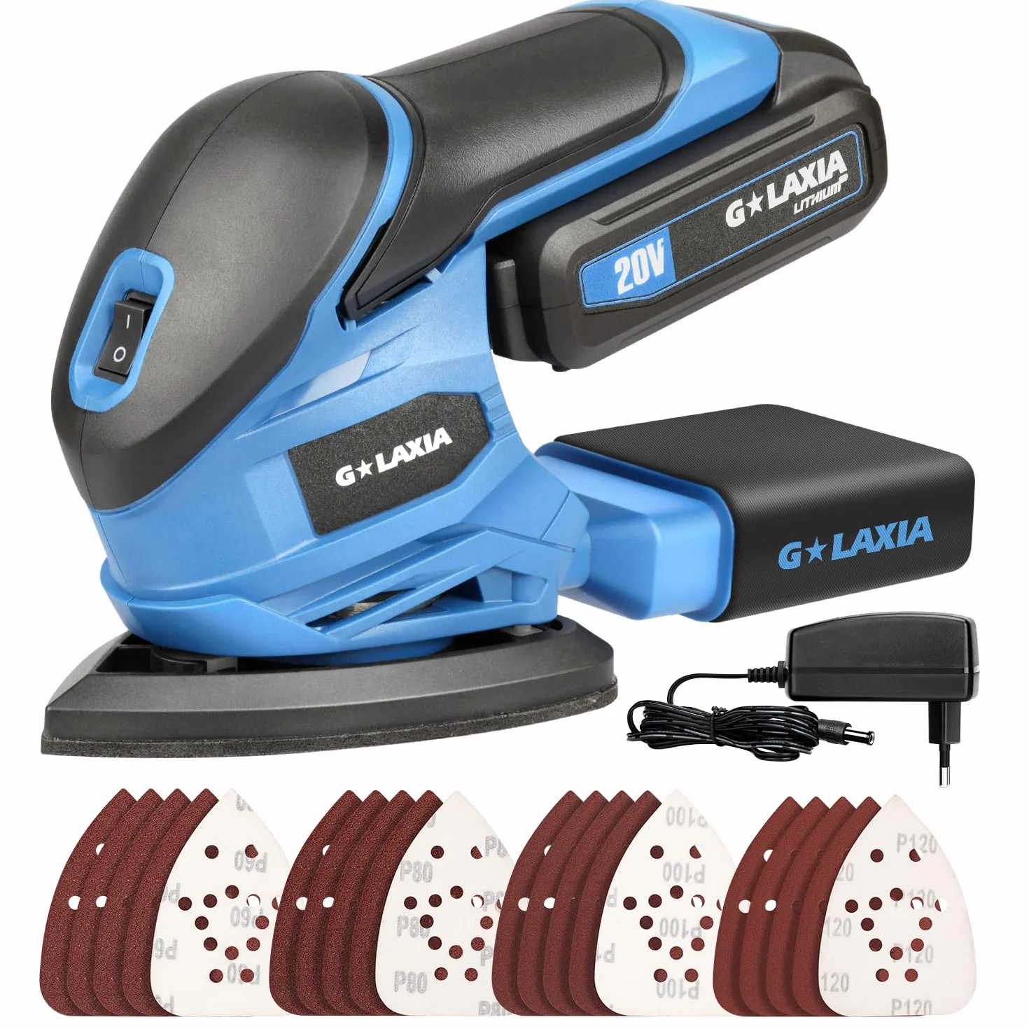 Lijadora multifunción inalámbrica 20V Li con bolsa de recogida de polvo, 20 hojas de papel de lija | 20 V 140 mm x 94 mm Lijadora Delta con batería y cargador