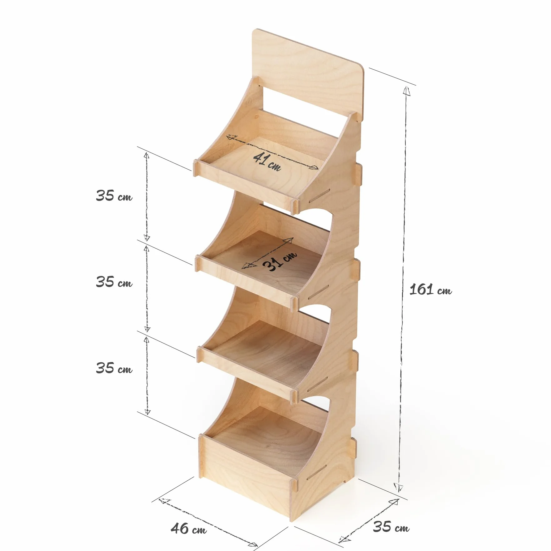 Expositor de Suelo, de Madera, fácil Montaje a encastre, con 4 estantes, Natural y sostenible. (Ancho 46 cm - 4 repinturas)