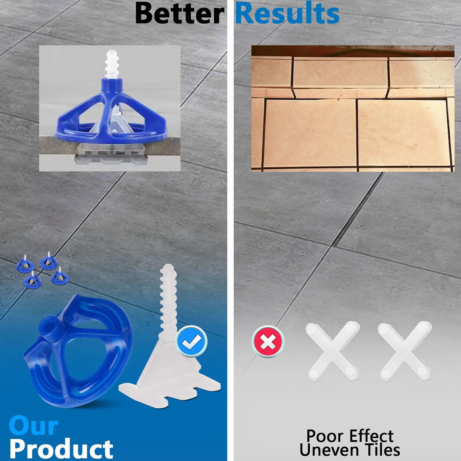 Deuvuo Sistema de nivelación de azulejos de 1,5 mm, 300 piezas, revolucionario juego de nivelación de azulejos, 200 lengüetas roscadas y 100 capuchas, herramienta para colocar piedras y suelos