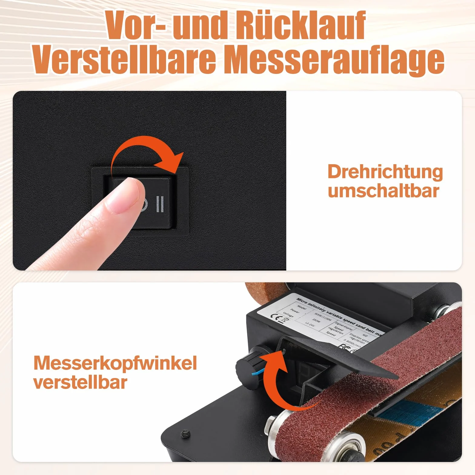OUKANING Mini Band Sander 350W - Lijadora eléctrica para mesa con 0-10000 RPM, 7 velocidades de regulación de velocidad continua, incluye 10 bandas de lijado, disco abrasivo y accesorio de pulido como