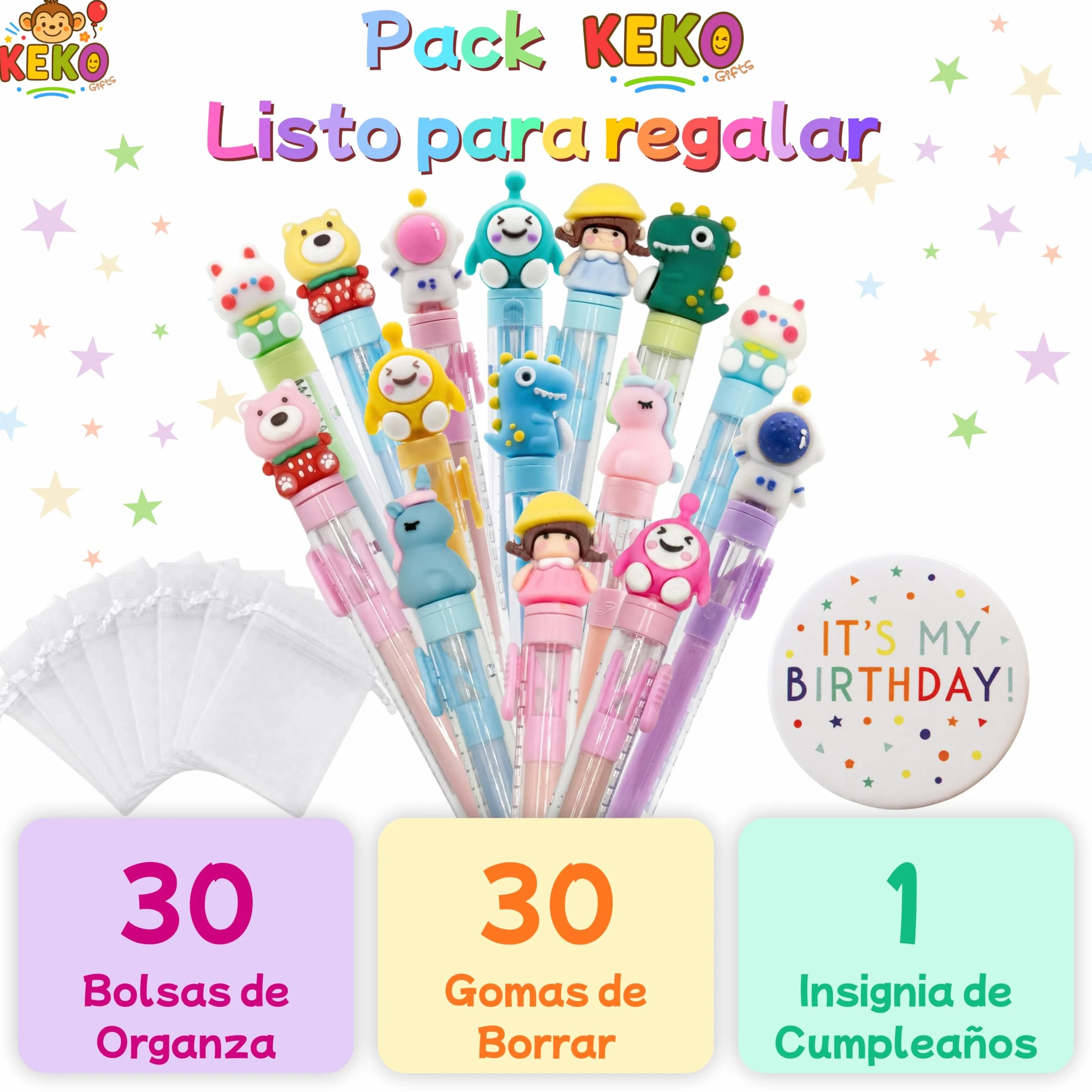 KeKo Pack 30 Gomas de Borrar Divertidas, Bolsas, Chapa Cumpleañera, Regalos Cumpleaños Niños Colegio