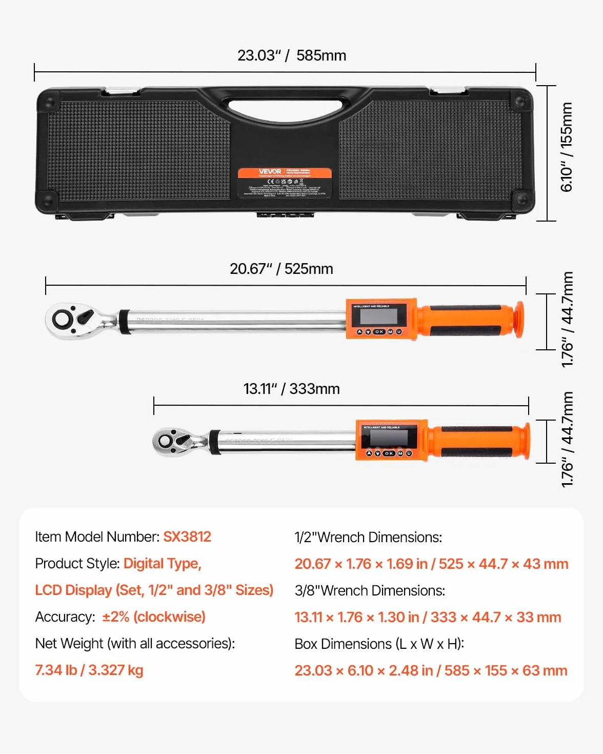 VEVOR 2 PCS Juego de Llaves Dinamométricas Digitales Accionamiento de 1/2" y 3/8" 72 Dientes ±2% de Precisión Llave Dinamométrica Electrónica con Valor Preestablecido, Zumbador y Notificación LED