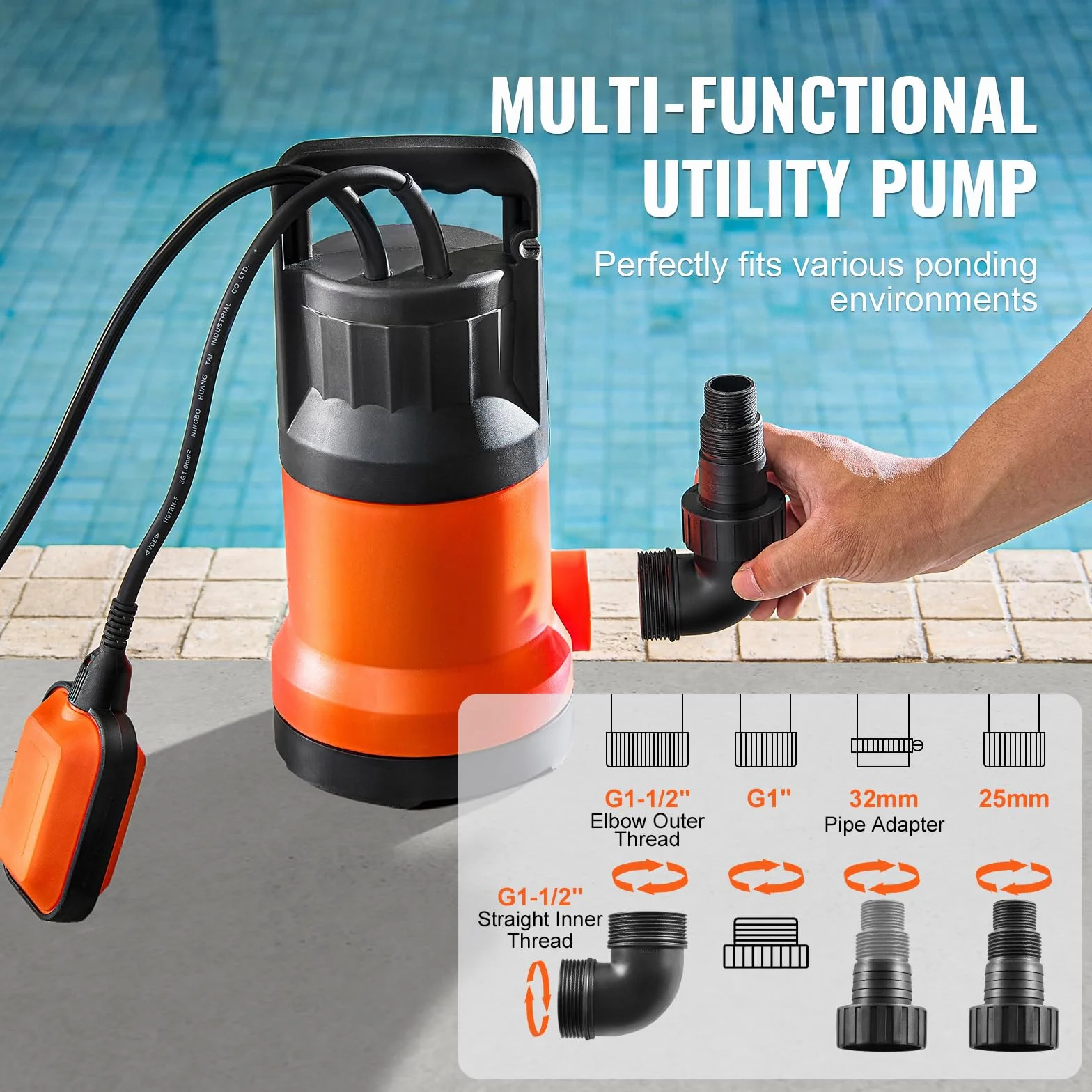 VEVOR Bomba Sumergible 400W 9500L/H 7,9m Alto Flujo Sumidero