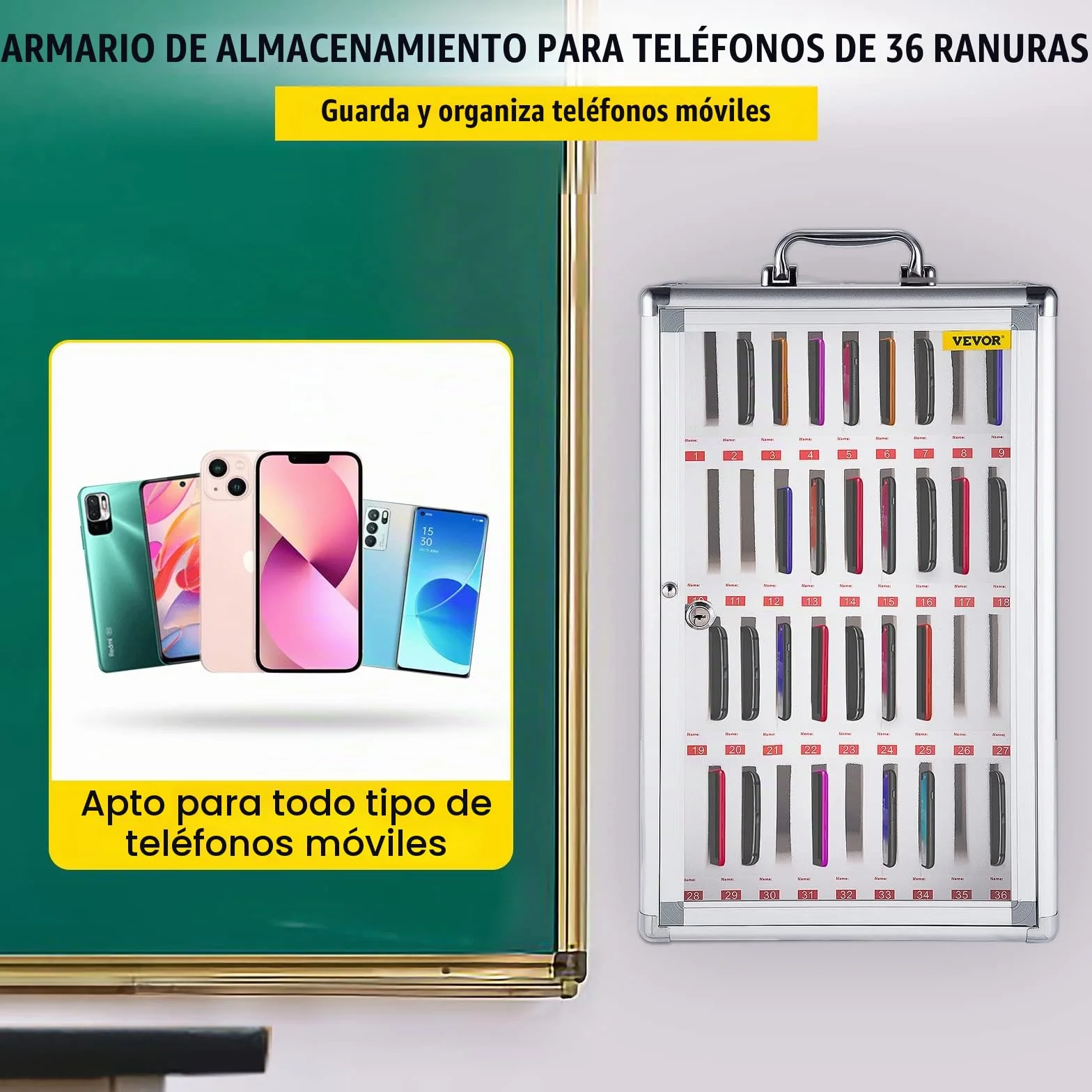 VEVOR Caja de Casillero de Almacenamiento de Teléfonos 32x20x51 cm Caja de Administración de Celular Cojinete de Carga 20 kg Caja de Almacenamiento de Teléfonos con 36 Ranuras y 2 Llaves para Clases