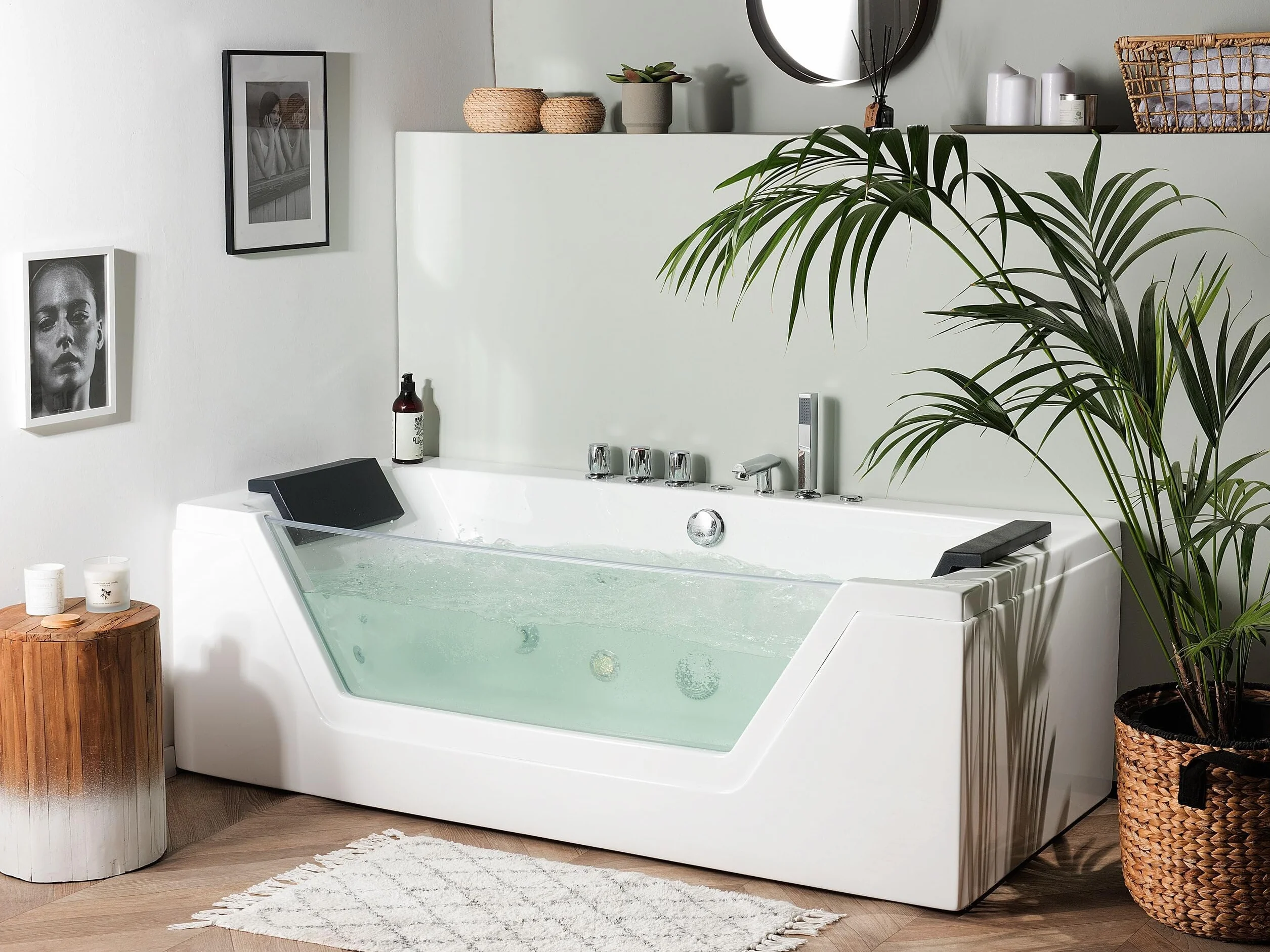 Bañera de hidromasaje blanco plata con LED de acrílico sanitario y vidrio individual 174 x 79 cm Samana