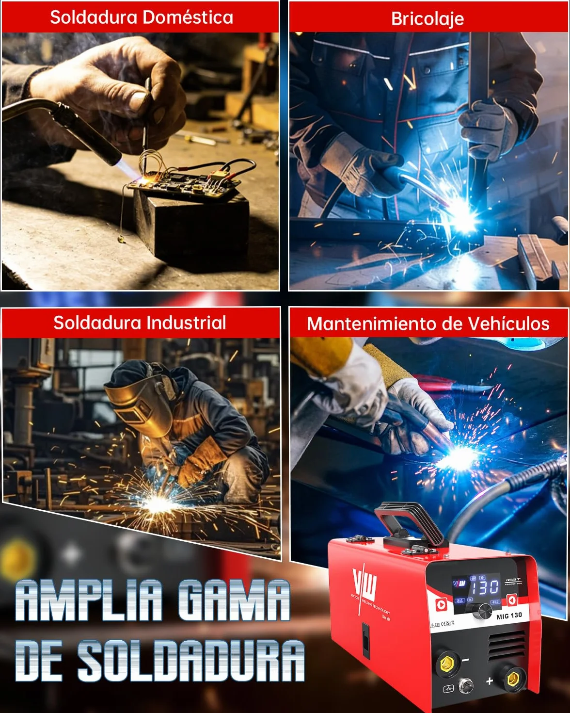 VECTOR WELDING Soldador de Hilo sin Gas 130A, Máquina de Soldar Mig sin Gas con Función de Soldadura por Electrodo, Grupo de soldar Mig Mag Portátil con Alambre, IGBT