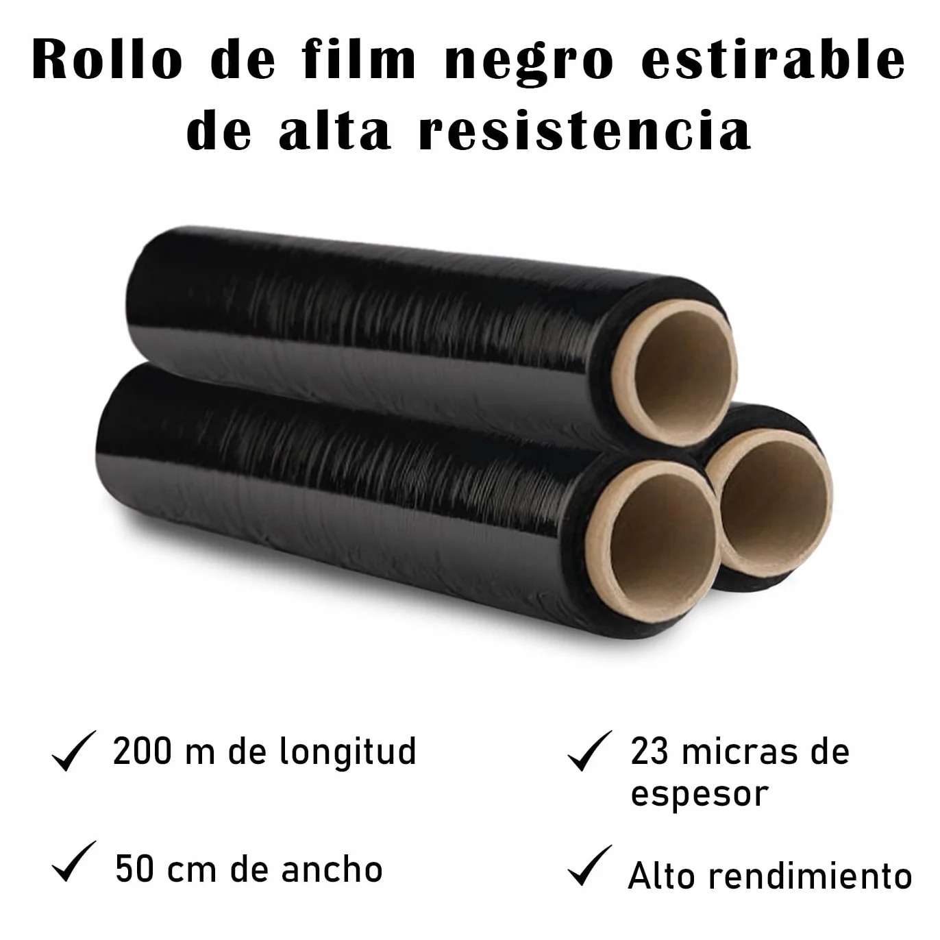 MERCURY TEXTIL- Film Transparente o Negro para Embalar, Flexible y Resistente 50cm x 200metros, 23 micras de Espesor. Embalaje Industrial, Envíos, Mudanzas, Palets. (Negro, 2 Rollos)
