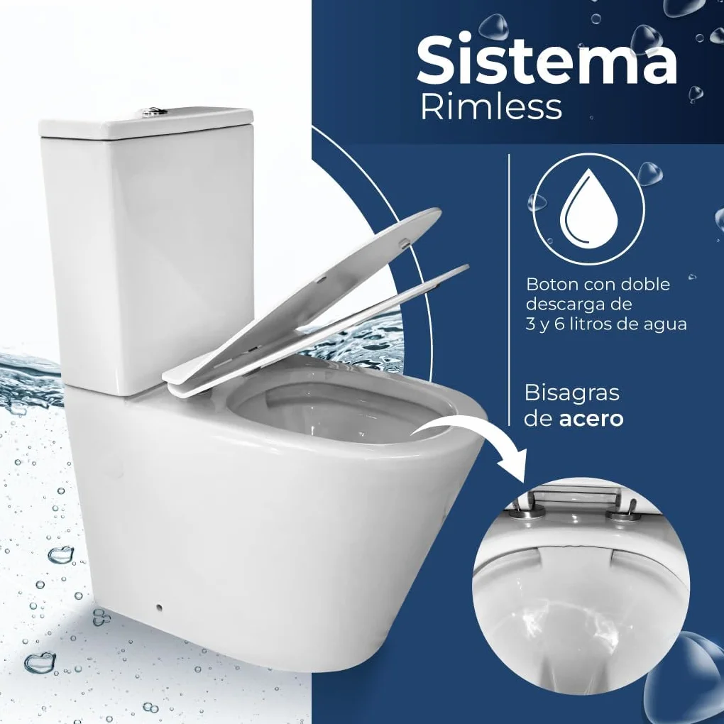 Inodoro Completo - WC Inodoro Completo con Sistema Rimless Antibacterias - Vater Baño con Tapa UF Termodurente Amortiguada - Inodoro Salida Dual Eficiente con Ahorro de Agua (Venecia)