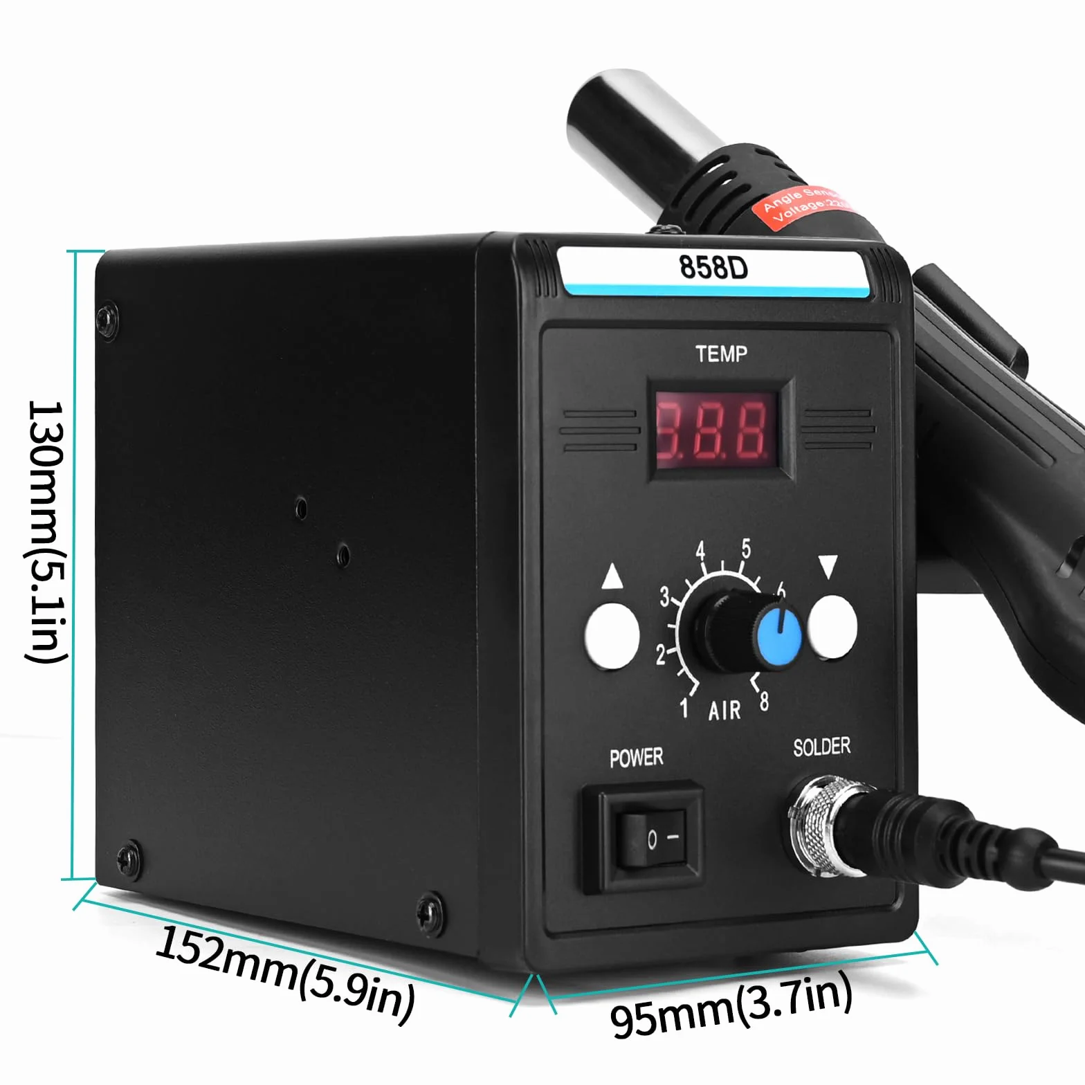 Estación de retrabajo de aire caliente con pantalla LCD, estación de soldadura de temperatura y volumen ajustable 858D, 3 boquillas de aire caliente, 700 W para soldadura y reparación SMD