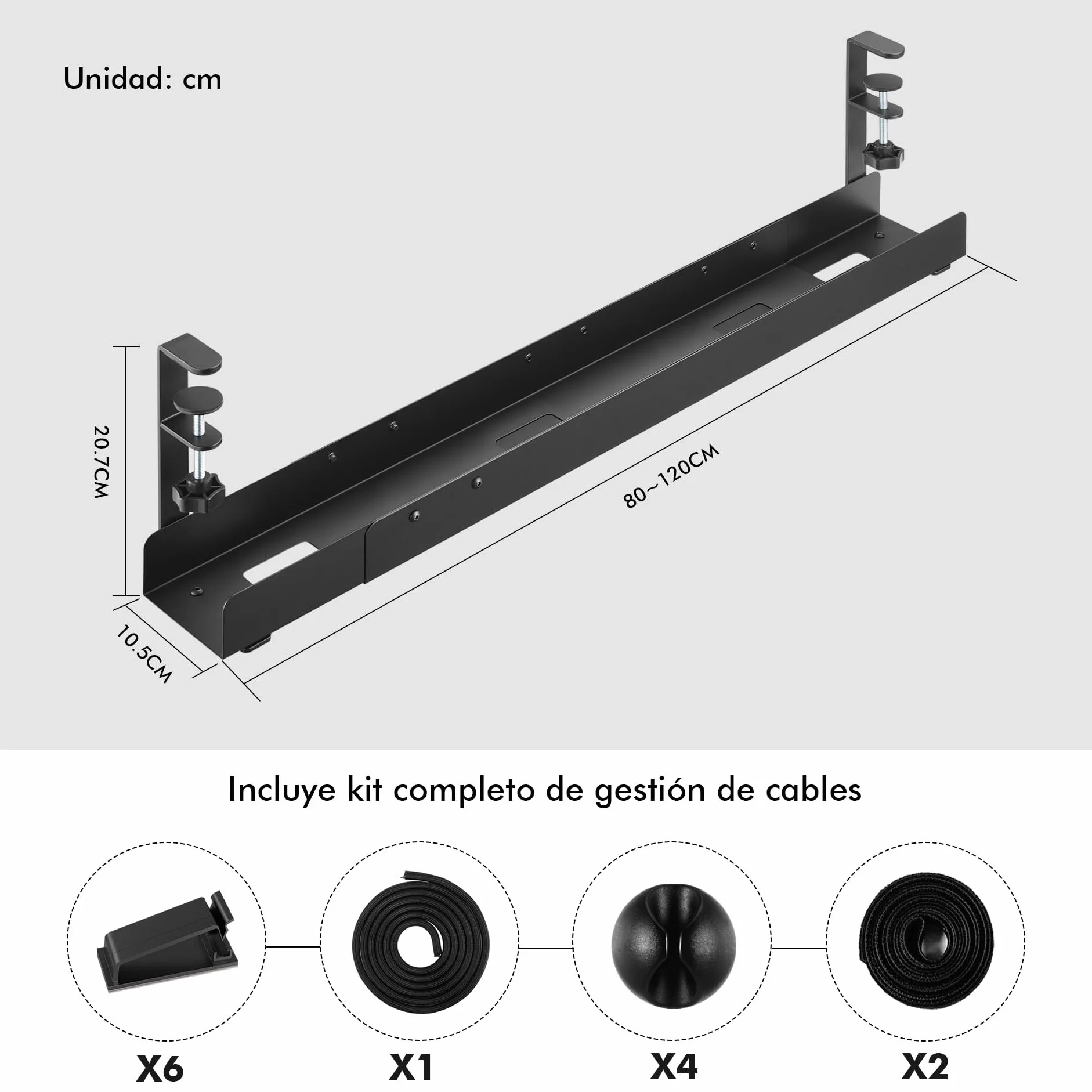 Mimoke Organizador de cables para escritorio, 800 a 1200 mm, con accesorios, montaje sencillo (negro)