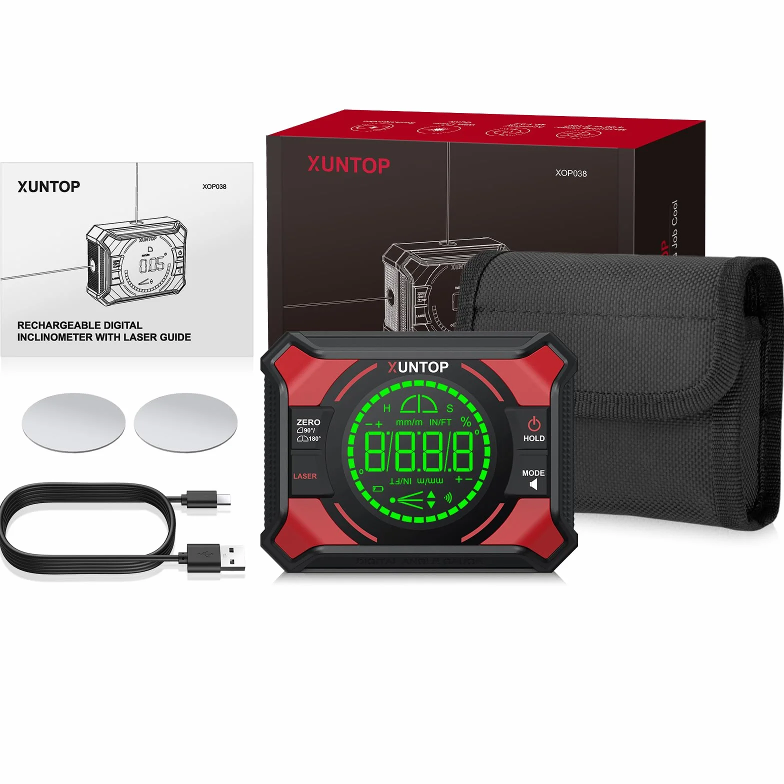 XUNTOP Inclinometro Digital 3 en 1 Caja de Nivel digital con Láser Cruzada Nivel Digital Magnetico Rango de 0-90° & 0-180° Interfaz Type-C para Carpintería, Sierras y Cuadros Colgantes