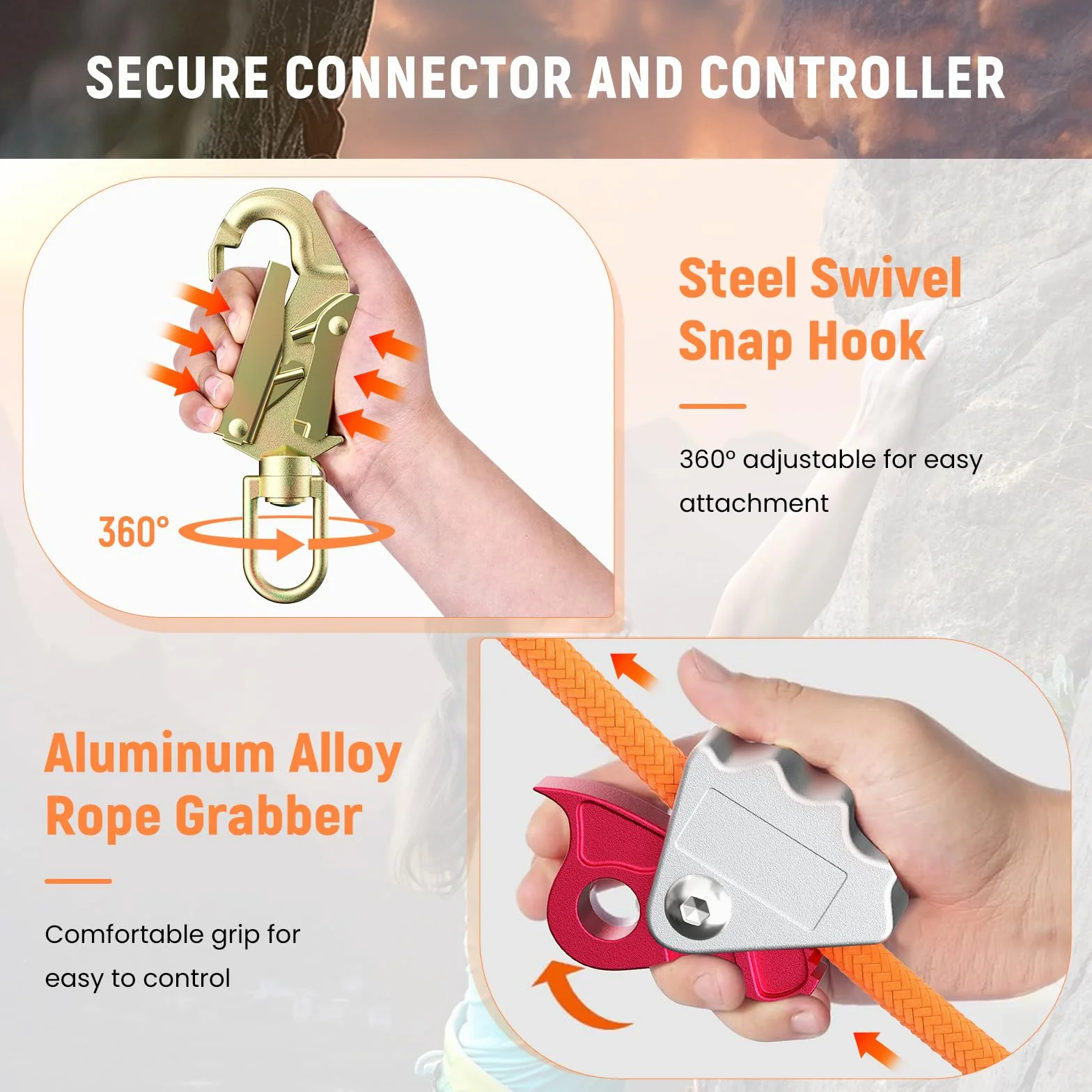 Kit de cuerda de acero con núcleo flip, cordón de acero con mosquetón de triple bloqueo, cuerda ajustable para escalada de árboles, protección contra caídas
