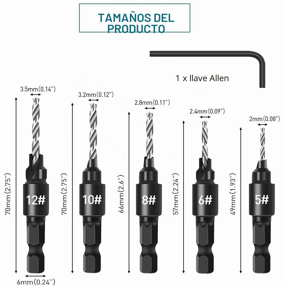 Juego de 5 brocas avellanadoras para carpintería, 1/4" HSS con avellanador, para tornillos #5-12, con llave en L