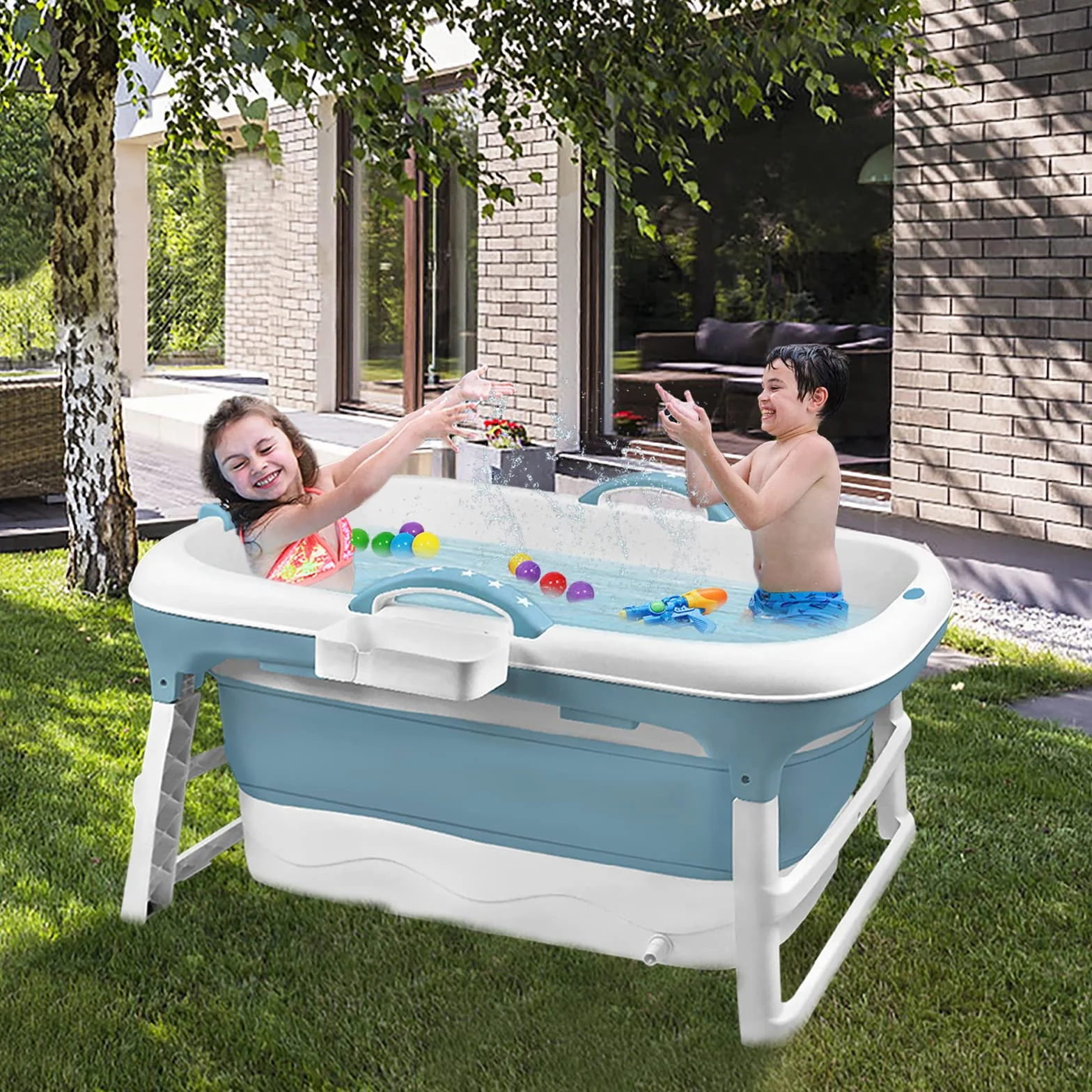 Bañera Plegable para Adultos L 118 x 62 x 53 cm, Portátil Con Tapa, Reposacabezas y Cesta de Jabón para Baño