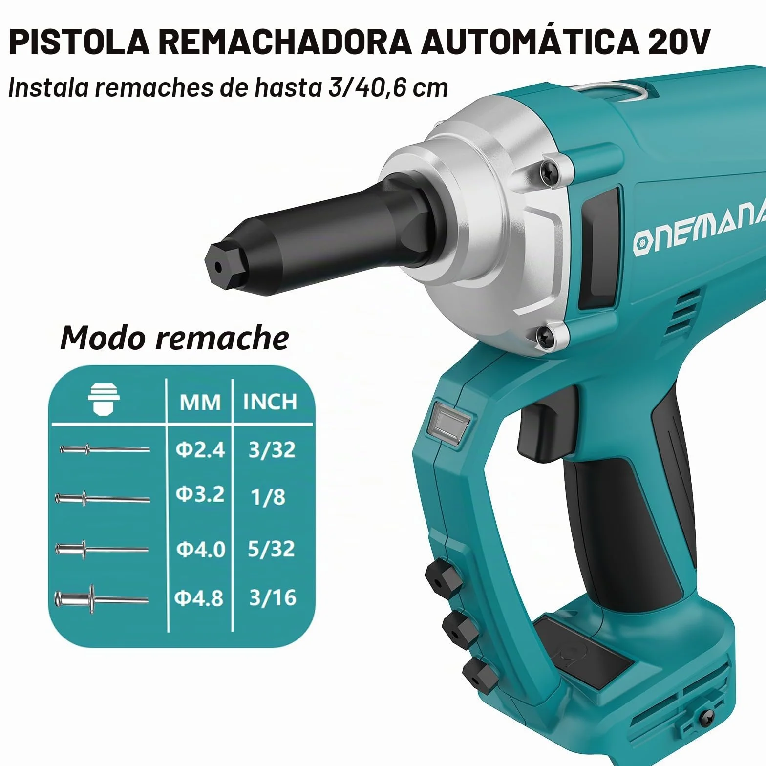 Pistola Remachadora Inalámbrica Batería, ONEMANA Pistola de Remache Eléctrica sin Escobillas 20000N 480RPM, Pistola de Tuerca de Remache Automático con LED（Remachadora Solo Cuerpo）