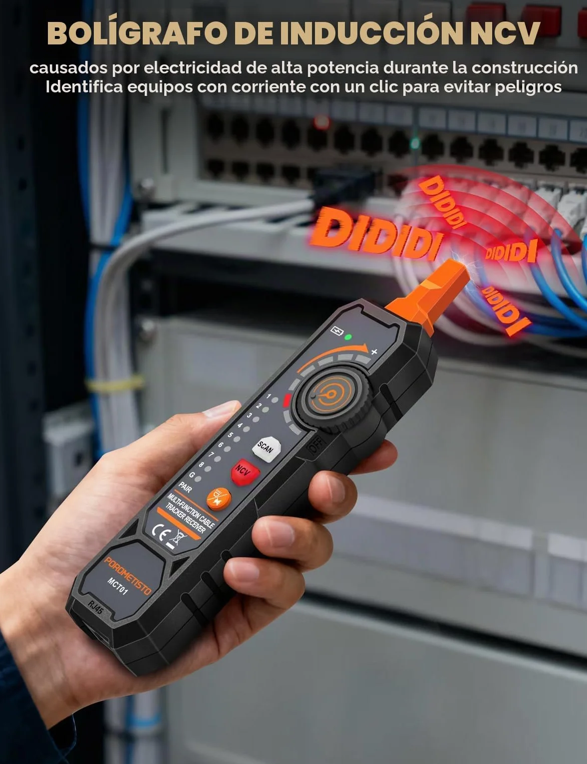 MCT01 POROMETISTO Comprobador de Cables de Red y Ethernet | All-in-One para RJ45/RJ11, Prueba POE, NCV, Linterna, Alarma Sonora, Verificación de Continuidad y Control de Crimpado