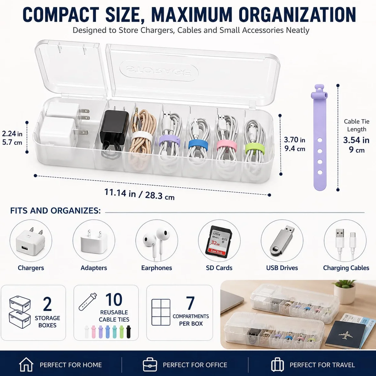 Caja de almacenamiento para cables, 2 unidades, 7 compartimentos, transparente con 12 bridas, organizador de doble apertura