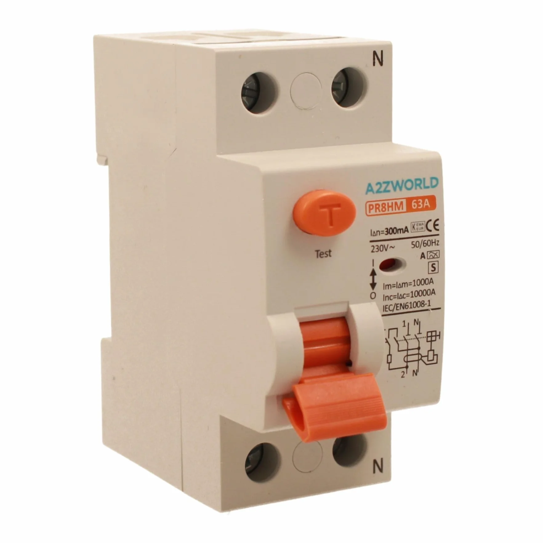 Interruptor diferencial puro selectivo 63A, RCCB Tipo S Clase A, 1P+N 10kA 300 mA, retraso 500 ms, 2 módulos DIN 230 V AC, certificado IEC61008-1, serie PR8HM electromagnético