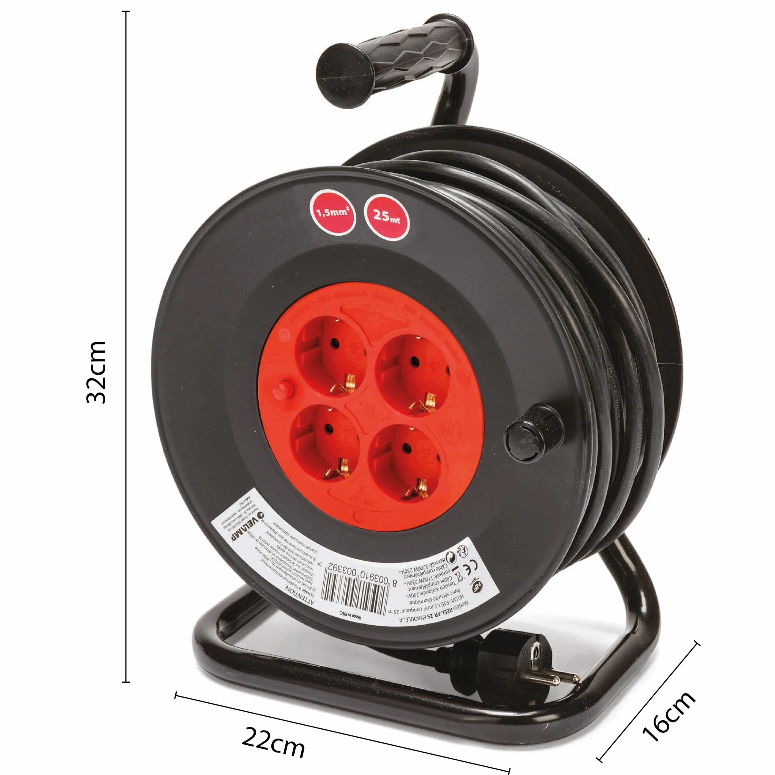 Carrete de cable DIY 4 enchufes estándar Schuko, cable H05VV-F3G1.5MM2, 25M, CE