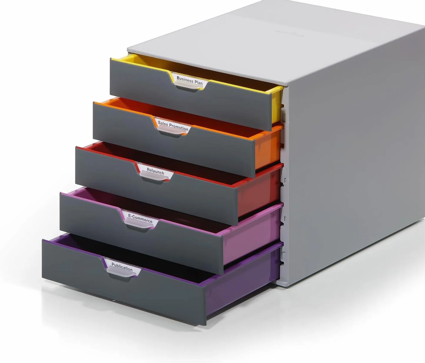 Durable 760527 Cajonera VARICOLOR 5 dotada de 5 compartimentos, con etiquetas para etiquetar, multicolor