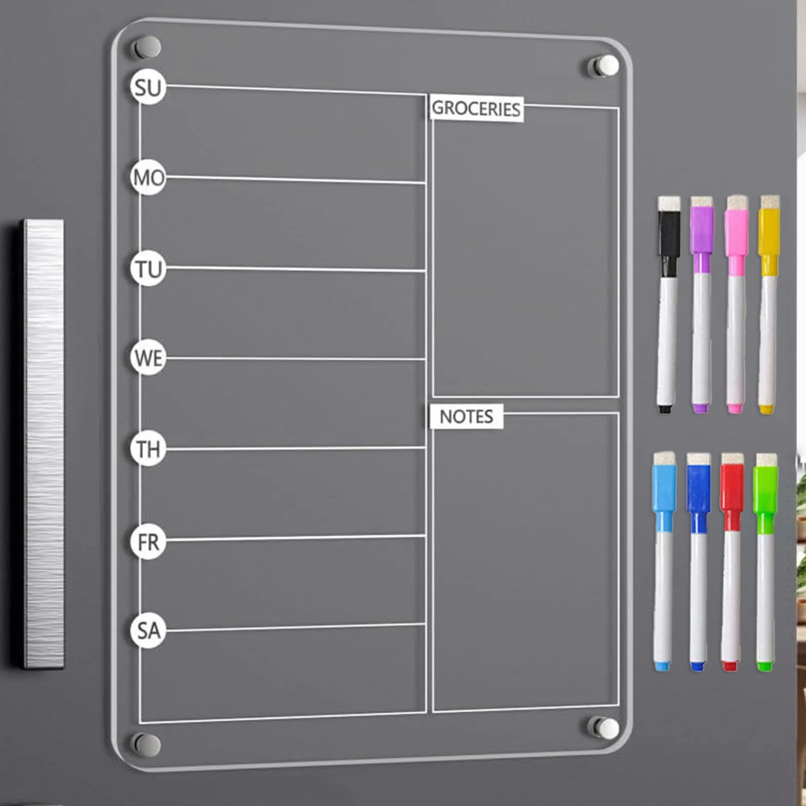 Acrylic Meal Planner Magnetic Board with 8 Markers, Reusable Weekly Noteboard for Refrigerator Grocery List Kitchen Organization