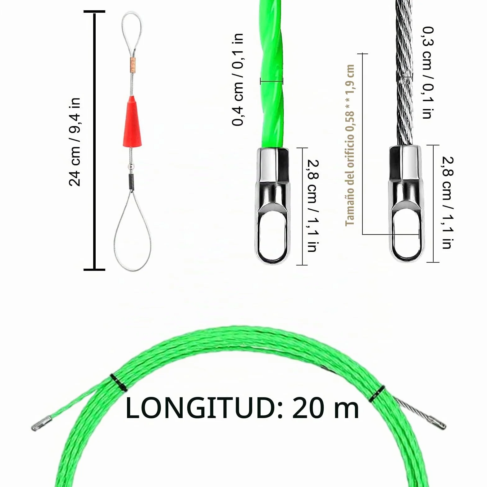 20 m Guia Pasacables, φ 4 mm Enhebrador de Alambre Electrico,con 2 muelles guía, para Tubería Conducto de Cable Pared, Obras de Telecomunicaciones