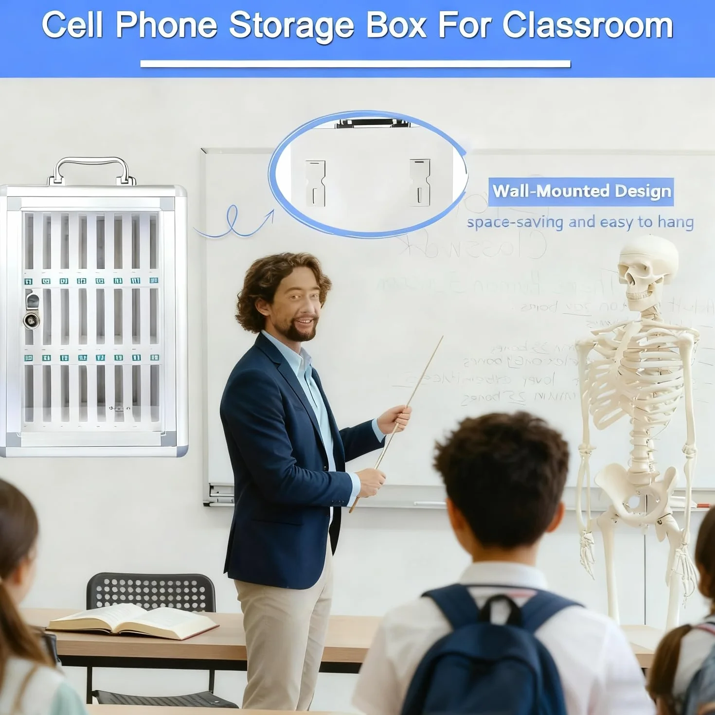 Armario Seguro para 24 Móviles | Caja de Almacenamiento para Teléfonos Plateada | Organizador para Escuela, Oficina y Hogar