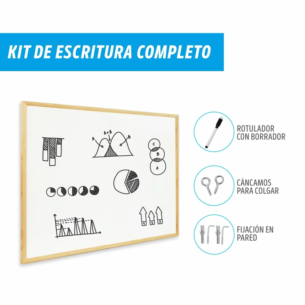 CHELY INTERMARKET Pizarra Blanca Esmaltada 50x70 cm Marco Madera Incluye Rotulador Borrador Kit Colgar