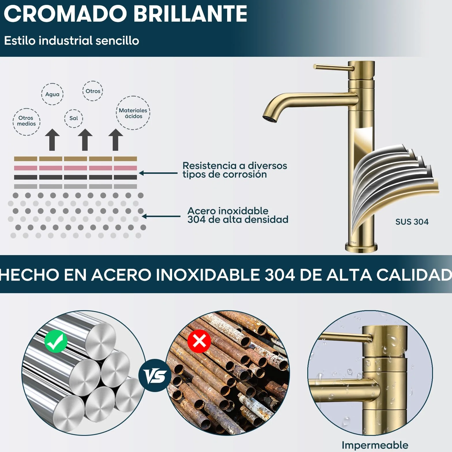 Grifo Lavabo Alto Giratorio 360°, DETBOM Grifo Monomando Agua Fría y Caliente, Grifos Dorado para Lavabo de Encimera, Mezclador de Baño, Acero Inoxidable 304, Aireador Extraíble, Oro Cepillado