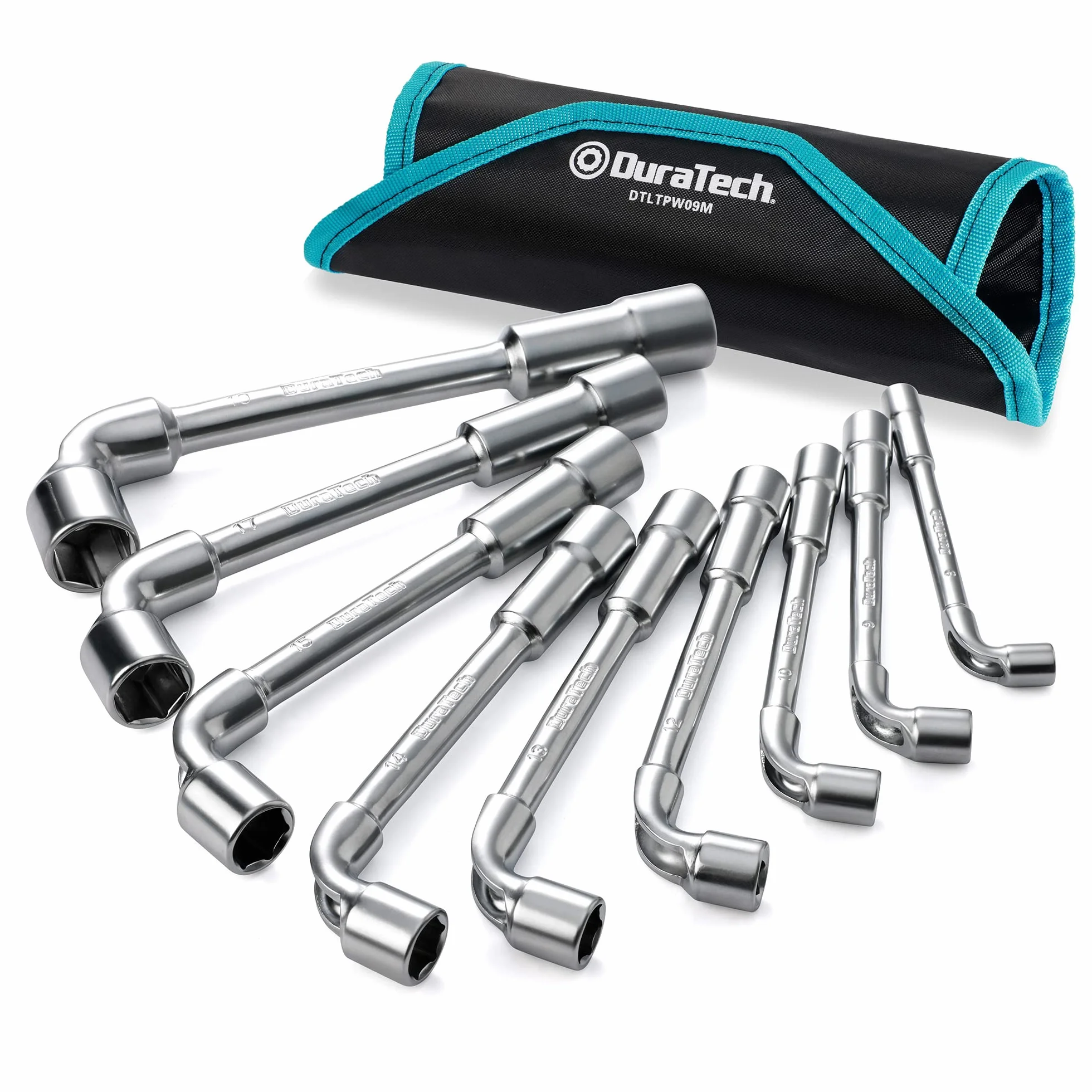 DURATECH Juego de llaves de codo de perforación de tubería tipo L, juego de llaves hexagonales en forma de L, métricas, 9 piezas, 8-19 mm, acero de aleación cromada, 6 puntos, con bolsa rodante