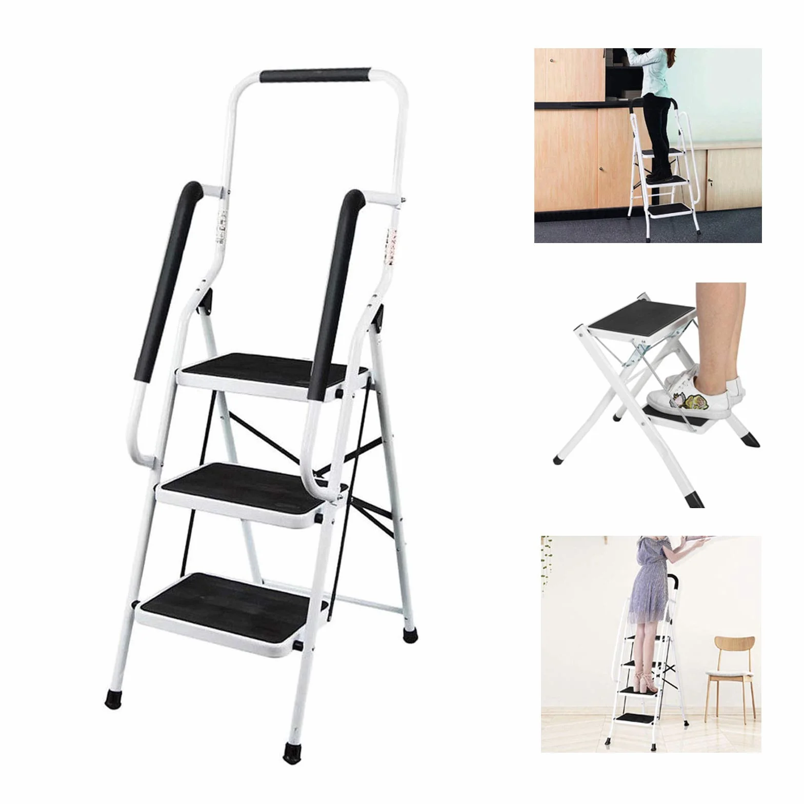 Huini – Taburete de 3 peldaños con pasamanos de acero plegable, escalera de tijera plegable hasta 150 kg para el hogar, la cocina o la oficina