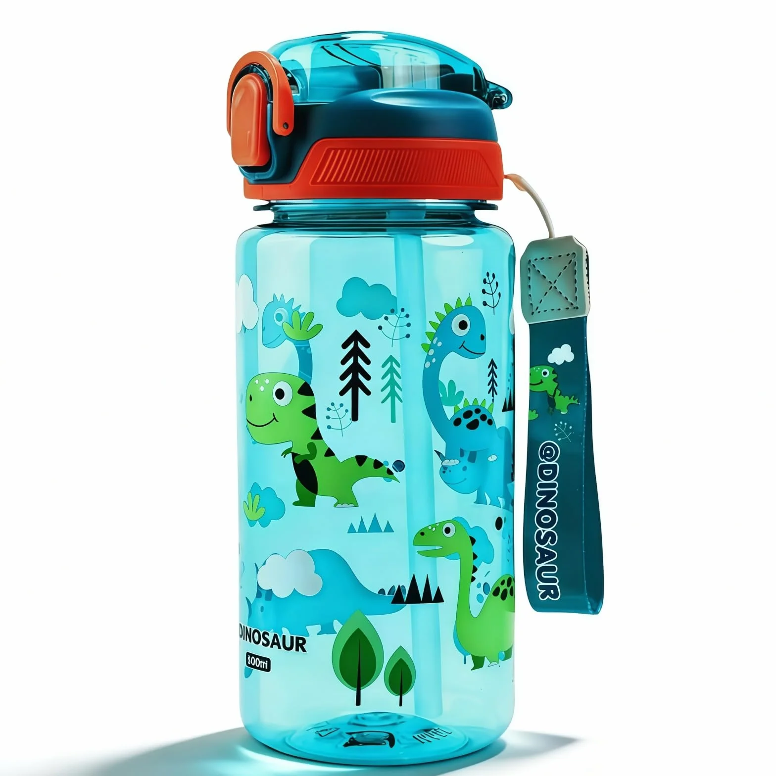 Botella Agua Niños 600 ML Sin BPA A Prueba de Fugas con Pajita Dinosaurio