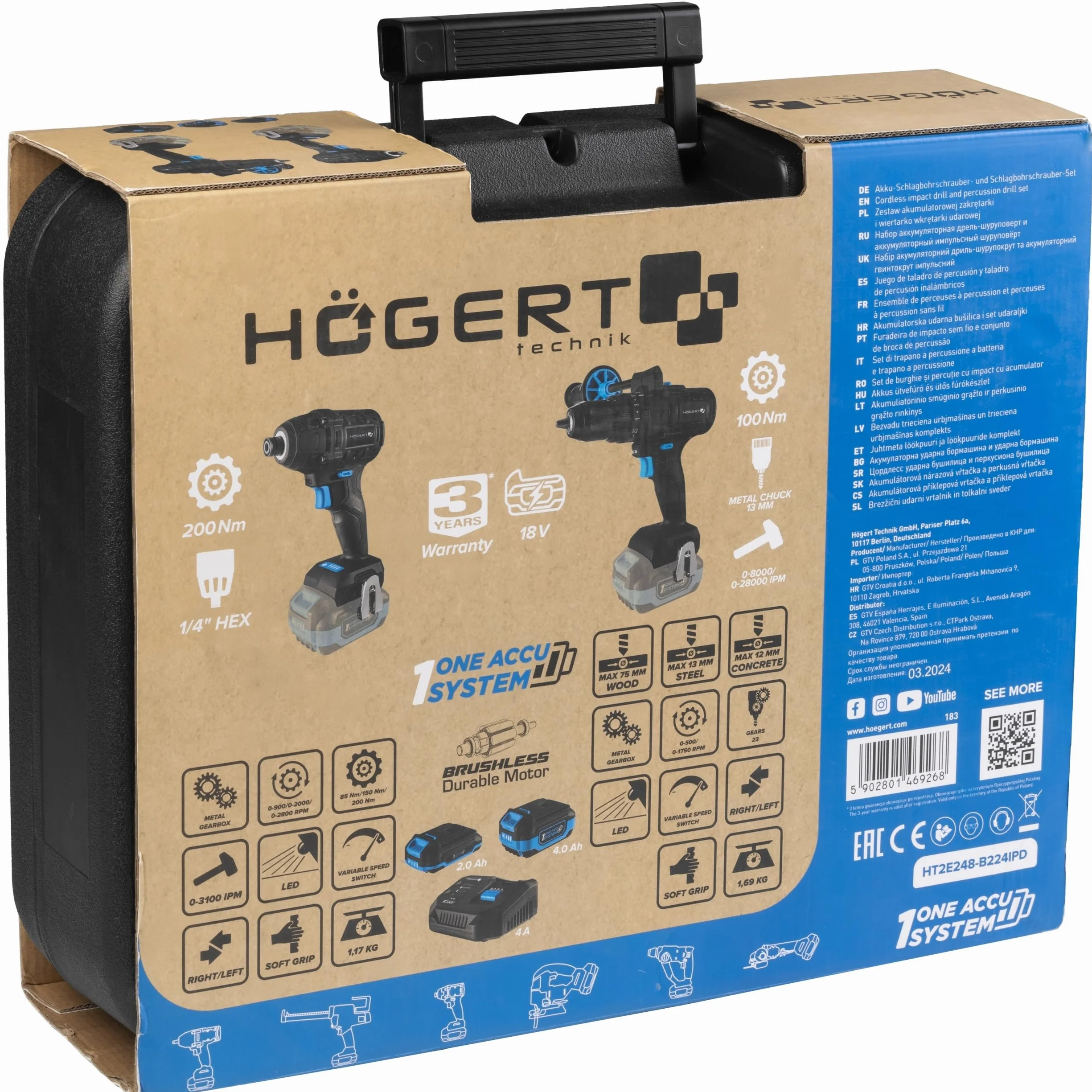HÖGERT TECHNIK Set de taladro percutor a batería 18V, 200 Nm y 100 Nm, 2 atornilladores de impacto sin escobillas, 2 baterías, cargador 4A, iluminación LED, engranaje metálico, para madera y metal