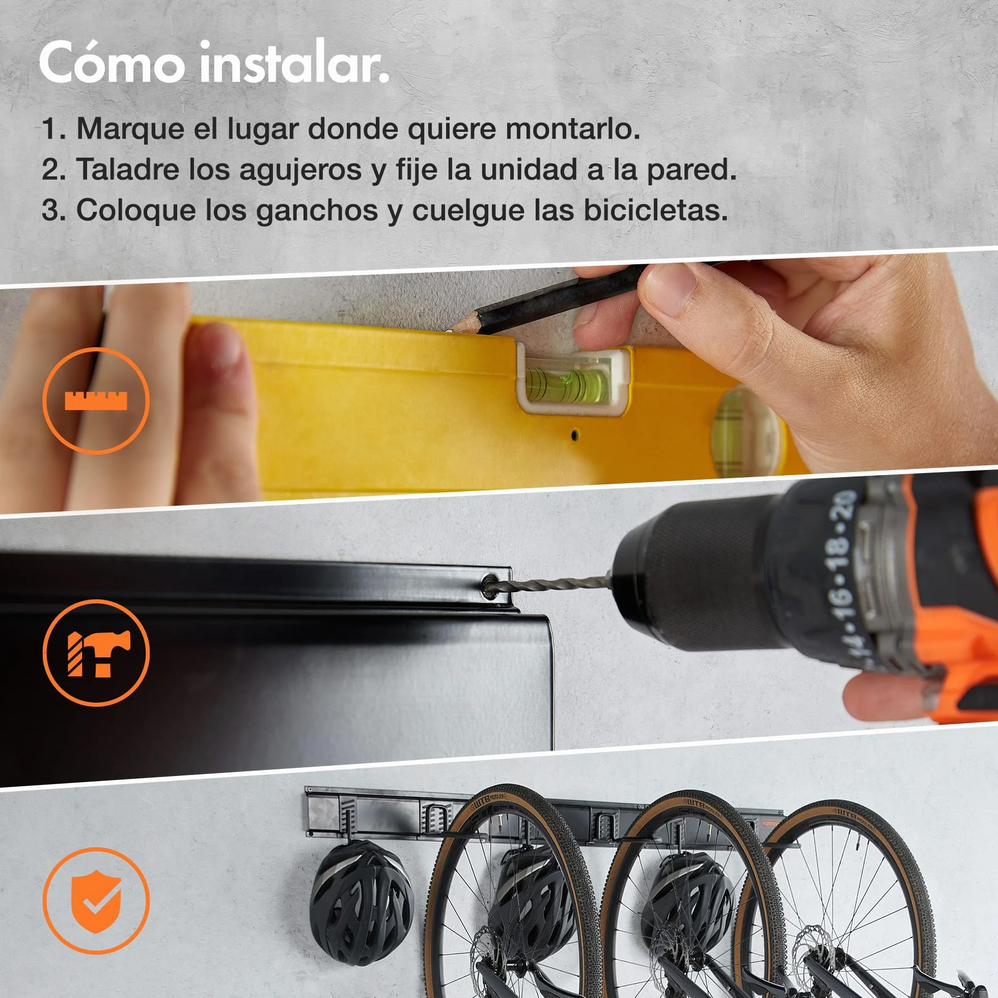 VonHaus Soporte de Bicicletas Pared Vertical – Colgador Pared 3 Bicis y 3 Cascos – Cuelga Bicis de Pared para Organizar Garaje – Soporte de Pared Bicicletas de Montaña o Carretera