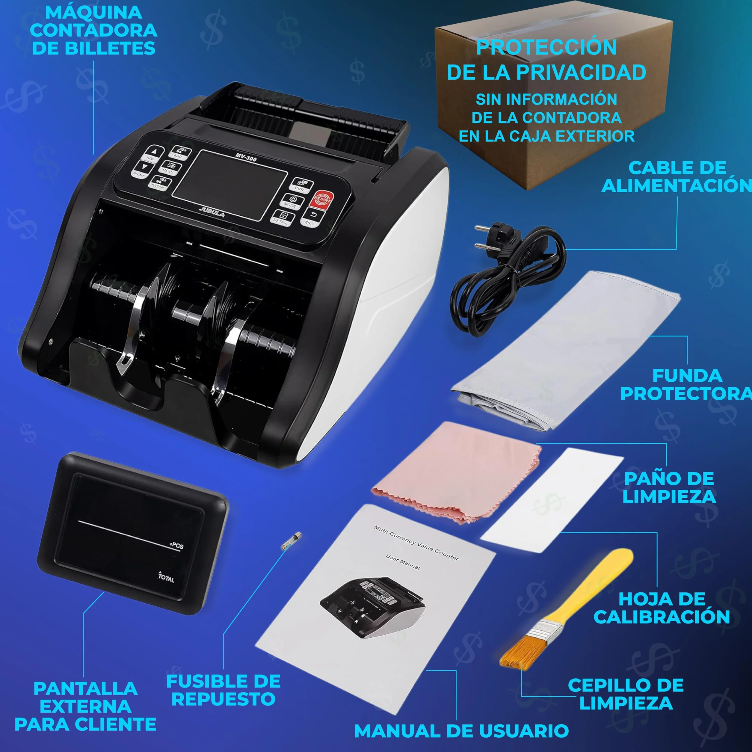 MV-300 Contador de Billetes Mixtos con 8 Veces Reconocimiento de Falsos EUR USD GBP
