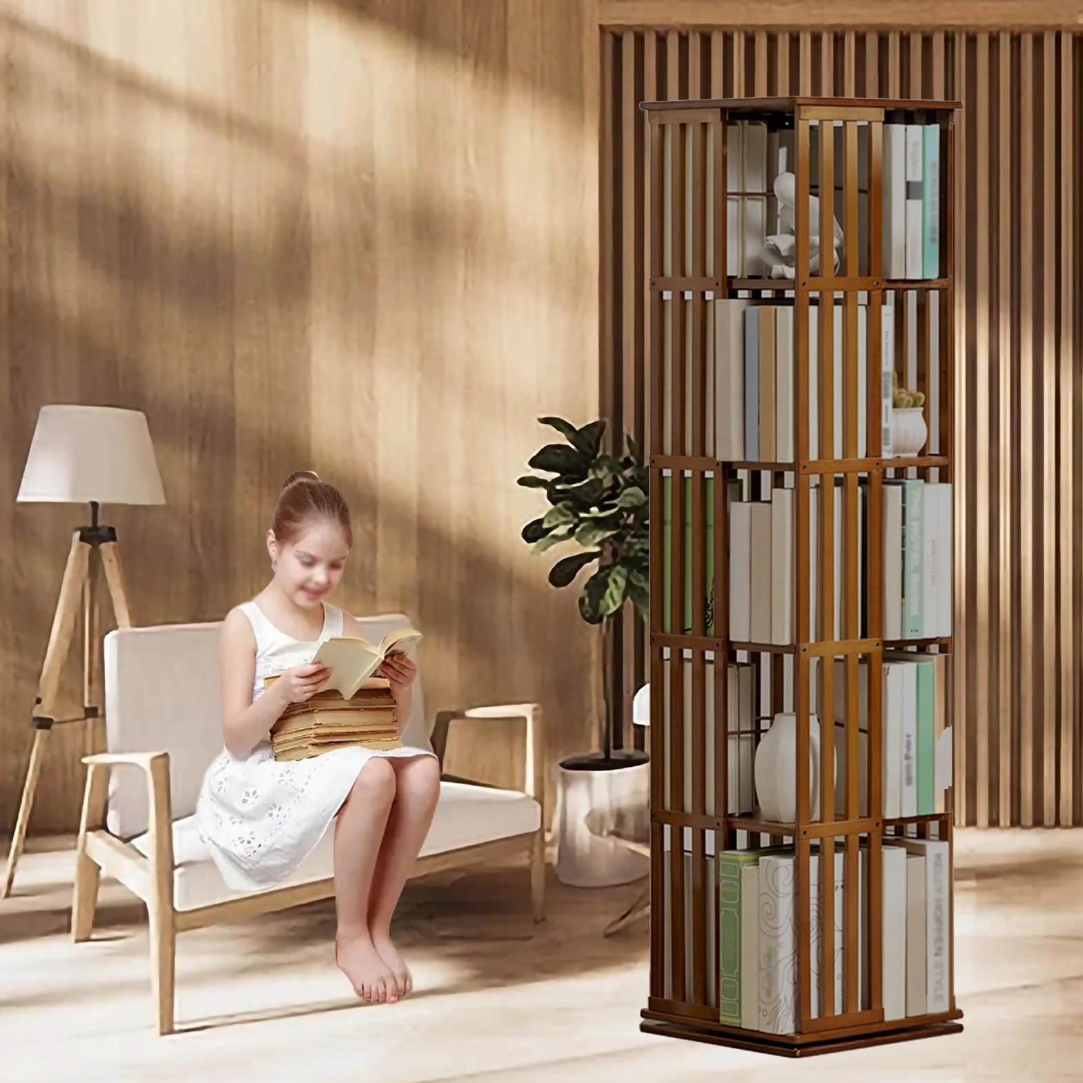 Biblioteca giratoria de bambú a niveles, estante giratorio de 360° con vitrina de esquina, estante para libros y decoración - Estantería de almacenamiento para niños y adultos - Biblioteca