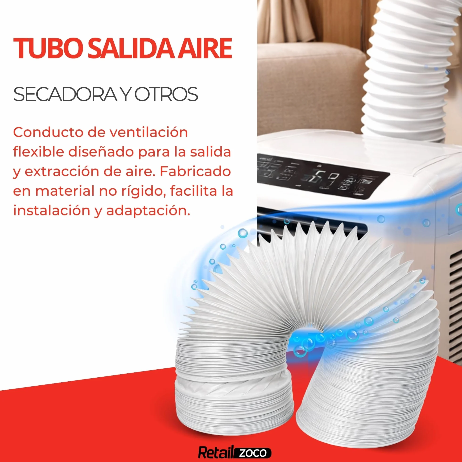 TECHZOCO Tubo de ventilación flexible, Conducto salida aire, Manguera de extracción de aire, Tubo Acondicionado Portátil, Apto Secadora, No es rígido, 6 Metros Largo x 10 cm diámetro