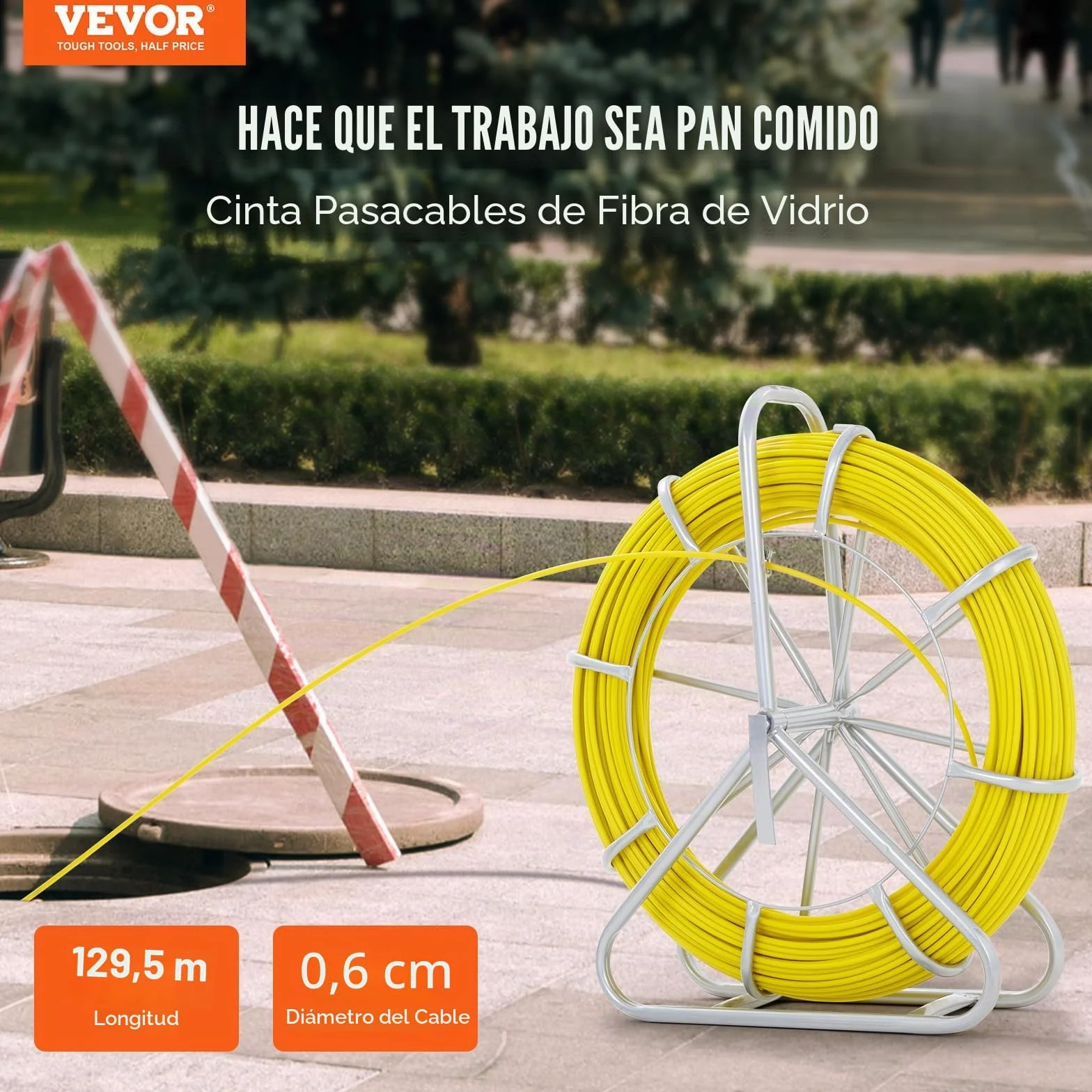 VEVOR Cinta de Fibra de Vidrio Longitud de 129,5 m 6,35 mm Tirando de Aguja Electricista de Alambre de Cable Eléctrico Extractor de Conducto Carrete de Acero de Apoyo 3 Cabezas de Tracción para Pared